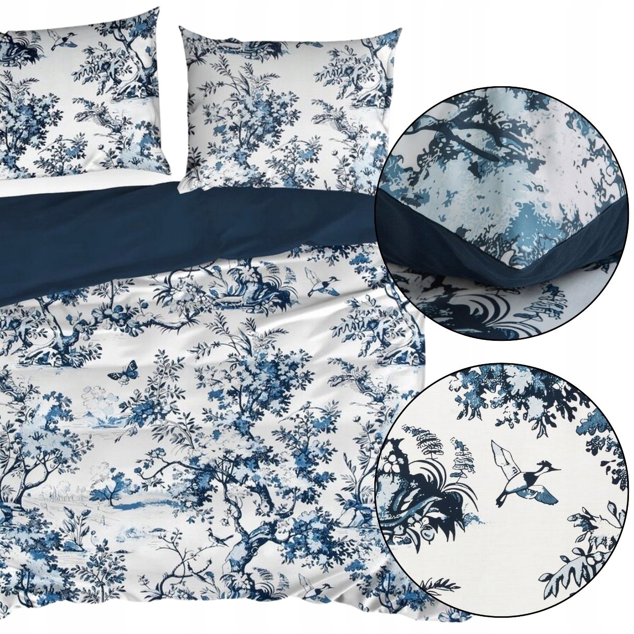 Sada Bavlněného Povlečení Satén komplet bílo-modrý květy 160x200 cm