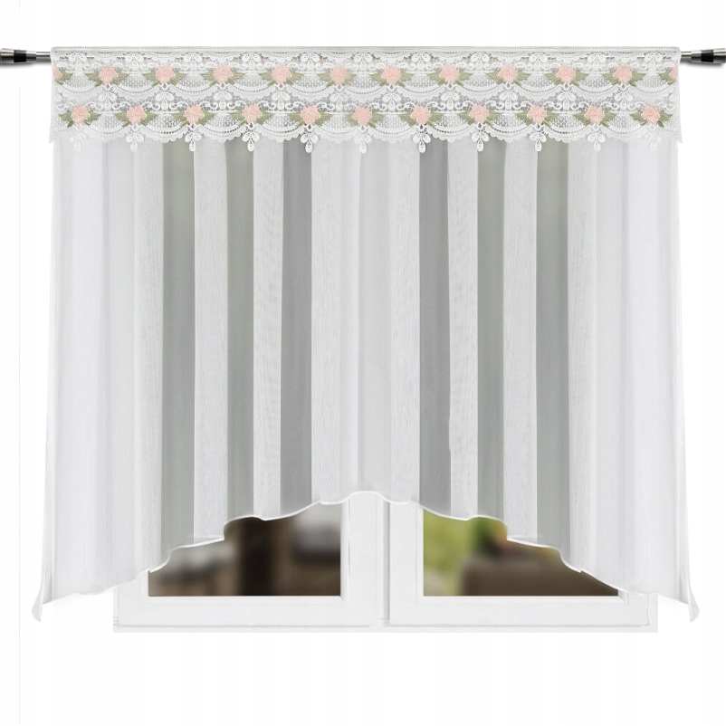 Záclony Hotové Oblouk 200 x 160 Široká Guipure Výšivka Květiny Páska Bílá