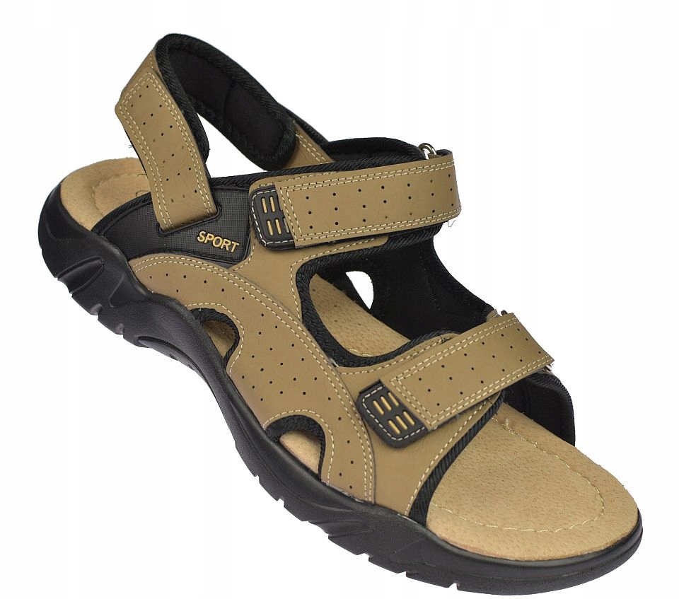 Velké pánské sandály s béžovými pásky A9003 na suchý zip, kožená stélka vel 49