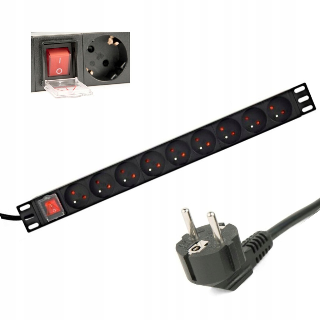 Listwa zasilająca Rack 19'' 1U 250V 16A Pdu wyłącznik 9 gniazd Fr