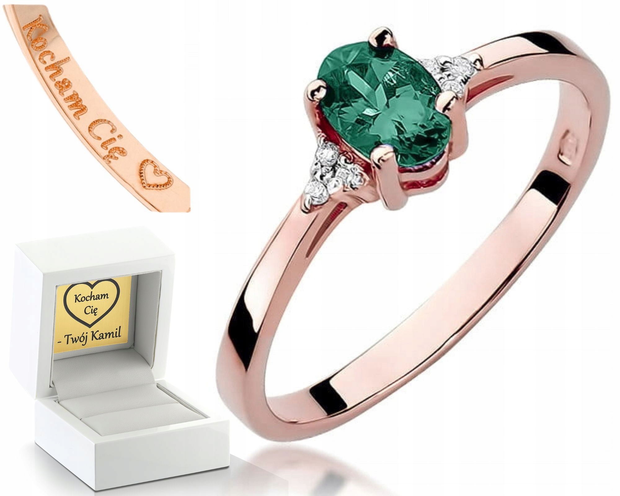 Růžové Zlato Prstýnek Pro Zásnuby Smaragd A Diamanty Gravírování 585 Bonus