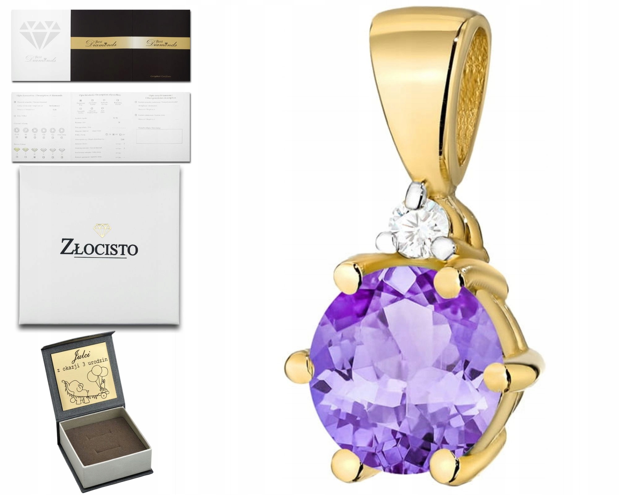 Zlatý Přívěsek S Přírodním Kamenem Ametystem A Briliantem 585 Gravírování