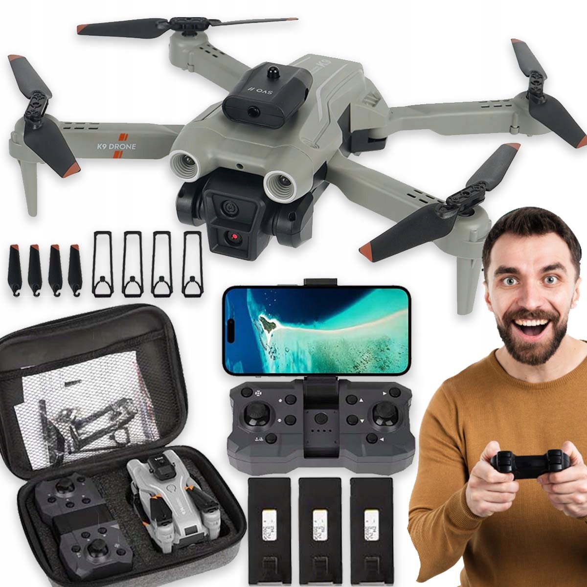 Dron Dvě Kamery Wifi 4K Hračka Vznášení 100 m 3x Akumulátor 1800 mAh Dárek
