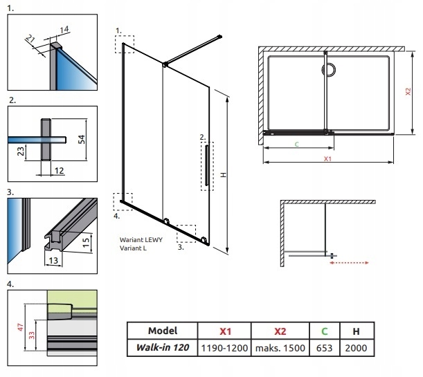 KABINA RADAWAY Furo Black walk-in 120 lewa przejrz Linia Furo