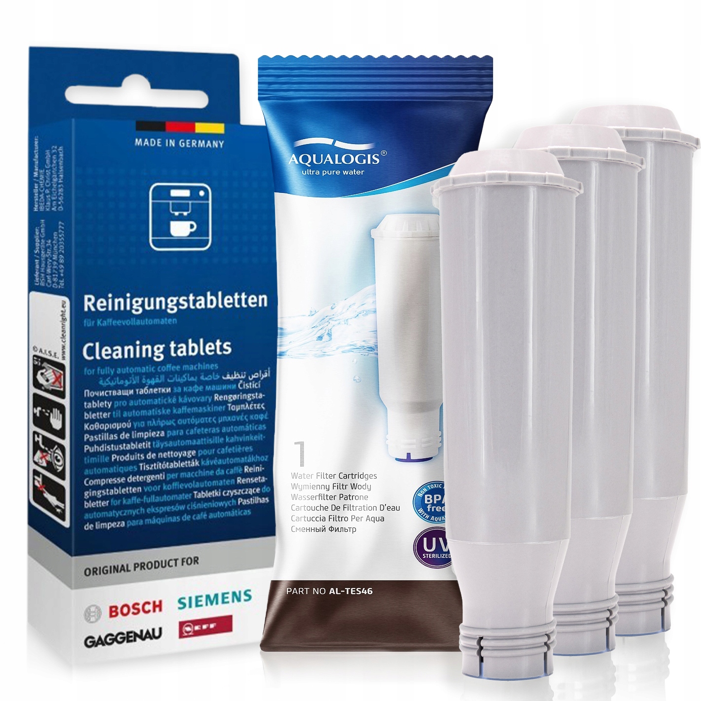 3x Filtr vody AL-TES46 pro kávovar Bosch čisticí tablety TZ80001