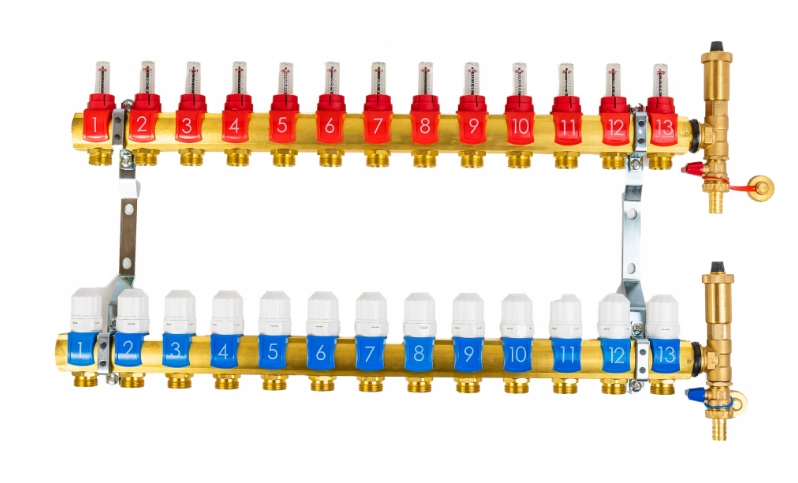 Rozdělovač 13 sekcí obvodů pro podlahové topení Pex s rotametry