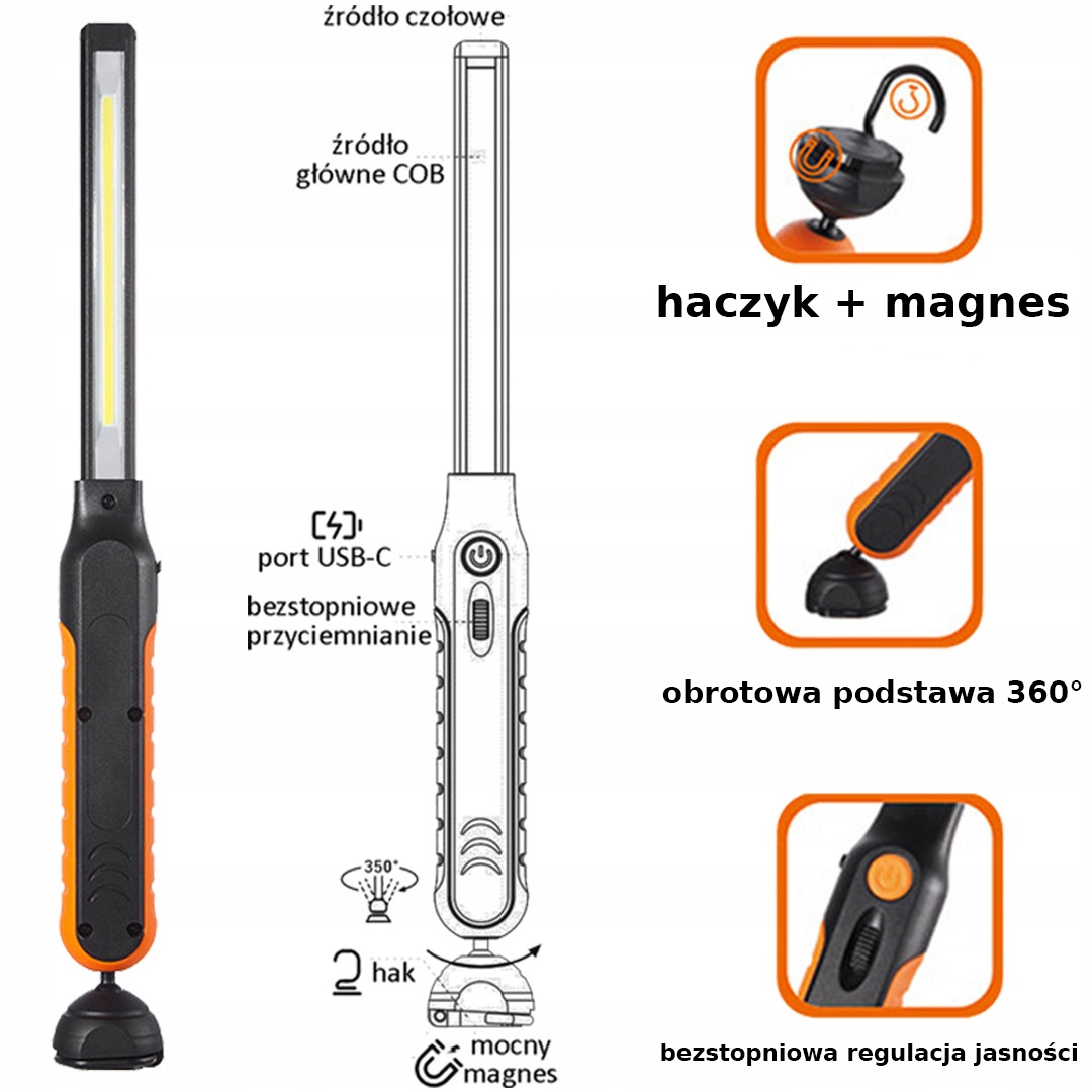 VERKE V87516 LATARKA AKUMULATOROWA WARSZTATOWA LED COB Z MAGNESEM (HAK USB) Marka Verke