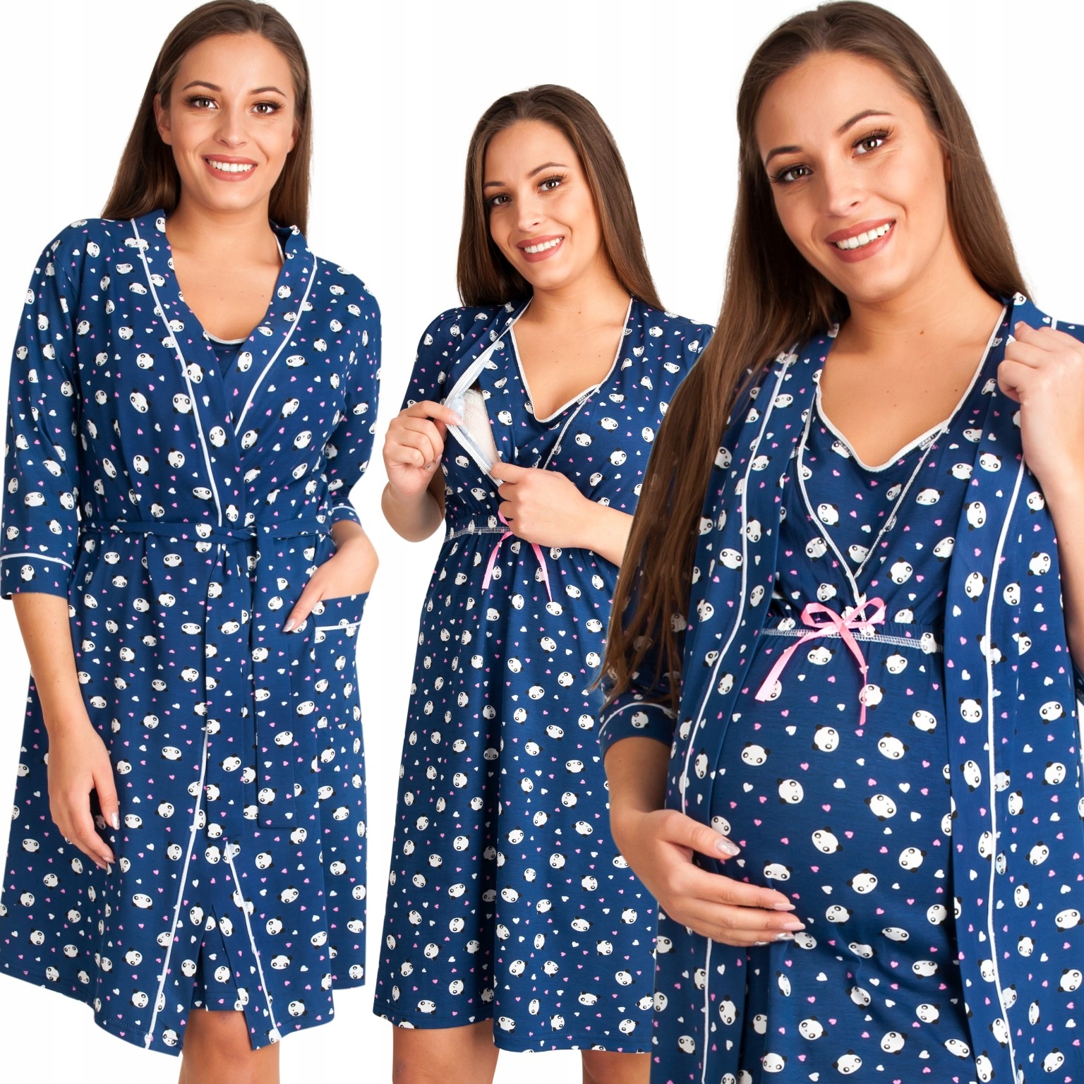 Komplet košile a županu Na Kojení Těhotenské Noční pandy Tmavě modré S