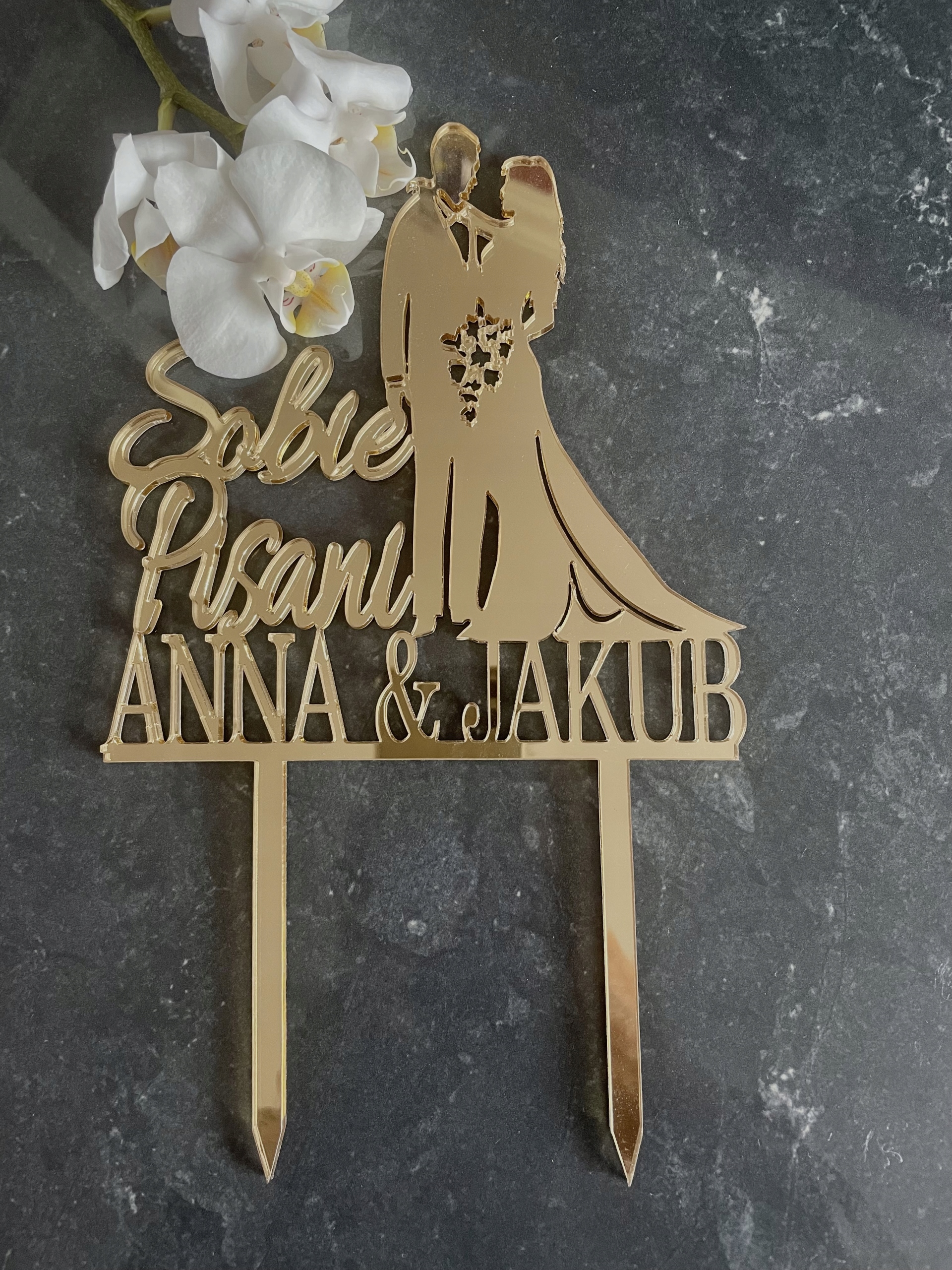 TOPPER SLUBNY PARA MLODA NA TORT ZŁOTE LUSTRO Kolor dominujący złoty