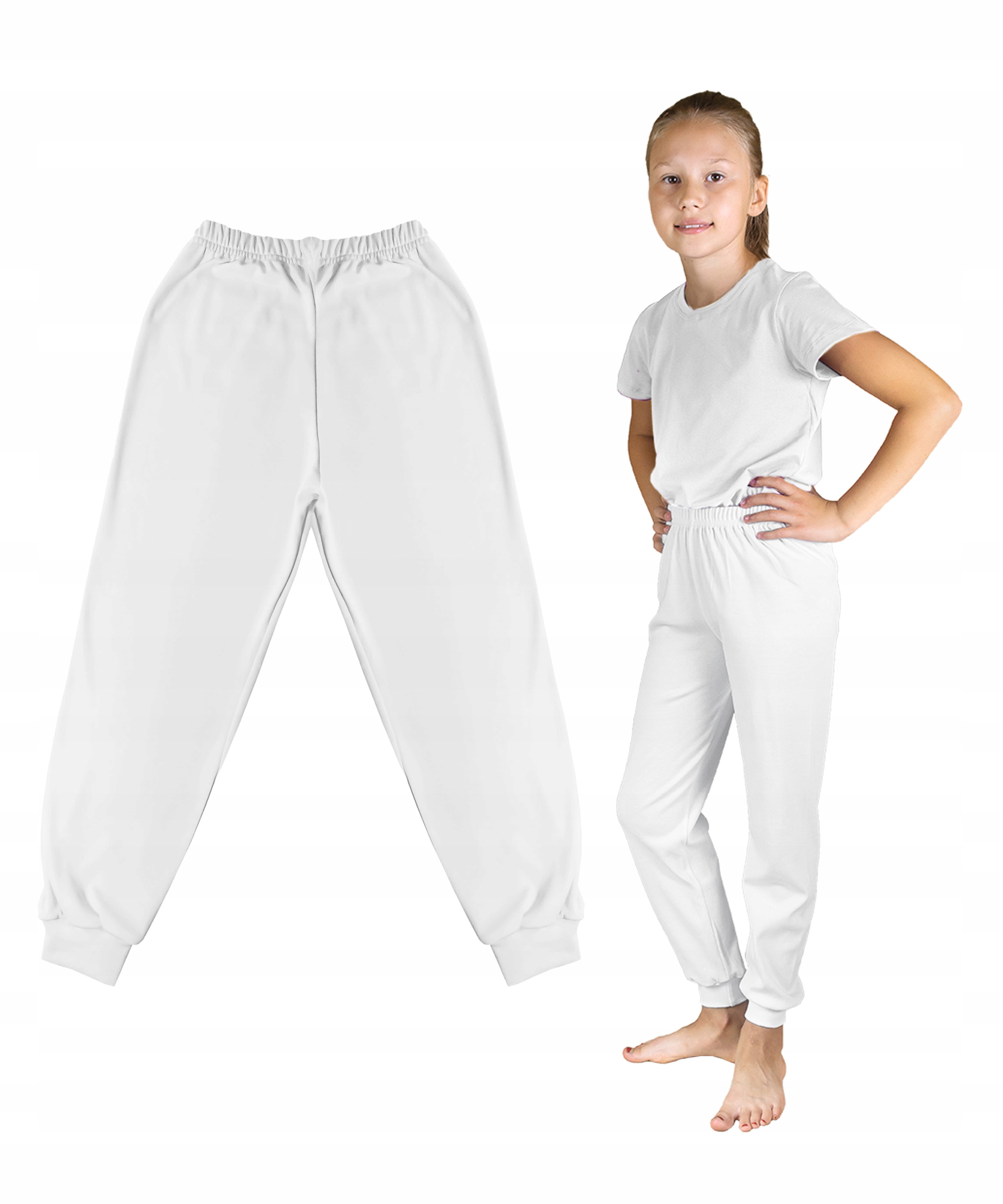 BIAŁE SPODENKI DŁUGIE SPODNIE 116 DRESOWE DZIECIĘCE GŁADKIE BAWEŁNA BIEL