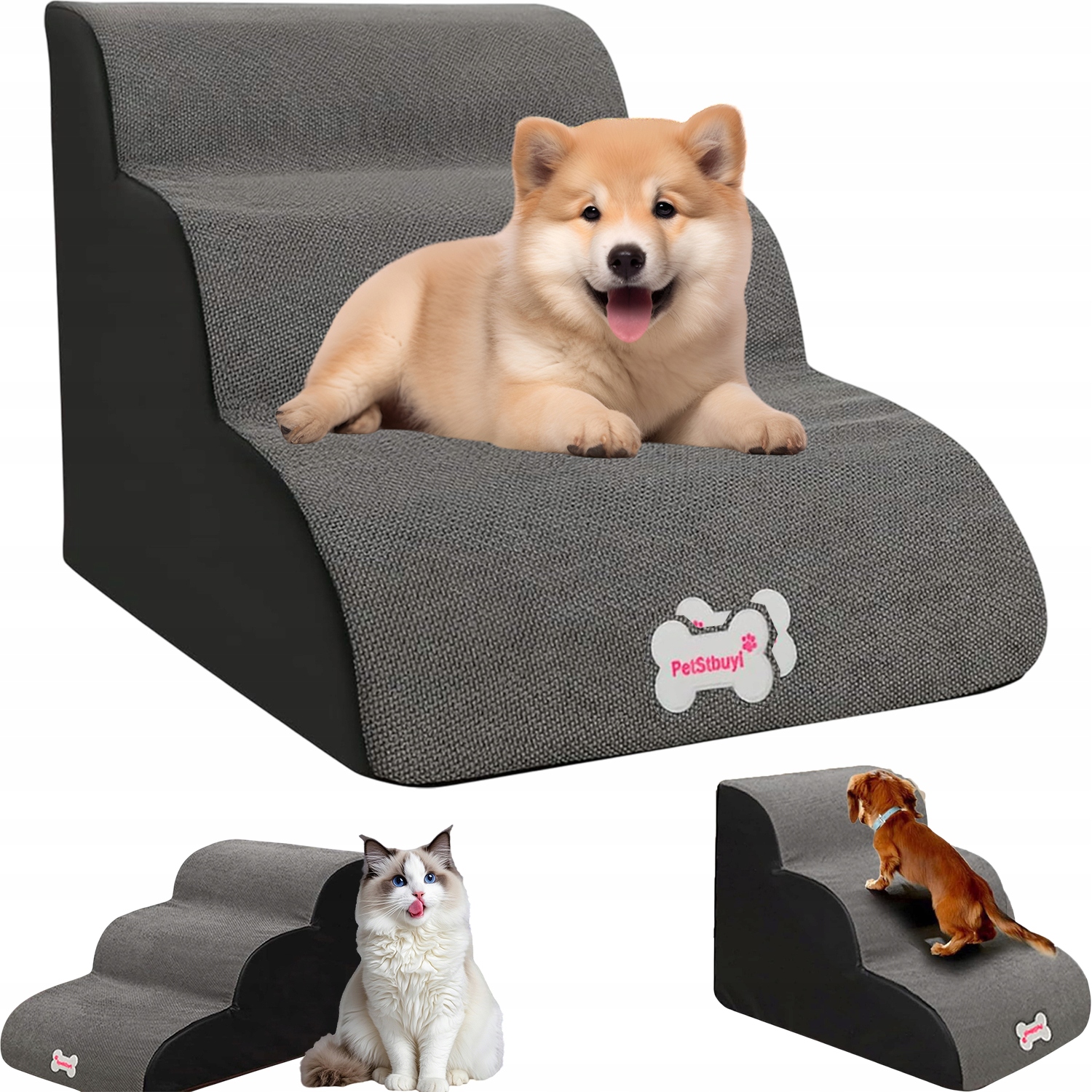 Levně Schody Pro Psa 3 Stupně, Pěna, Odnímatelný Potah Se Zámkem, Šedá Barva