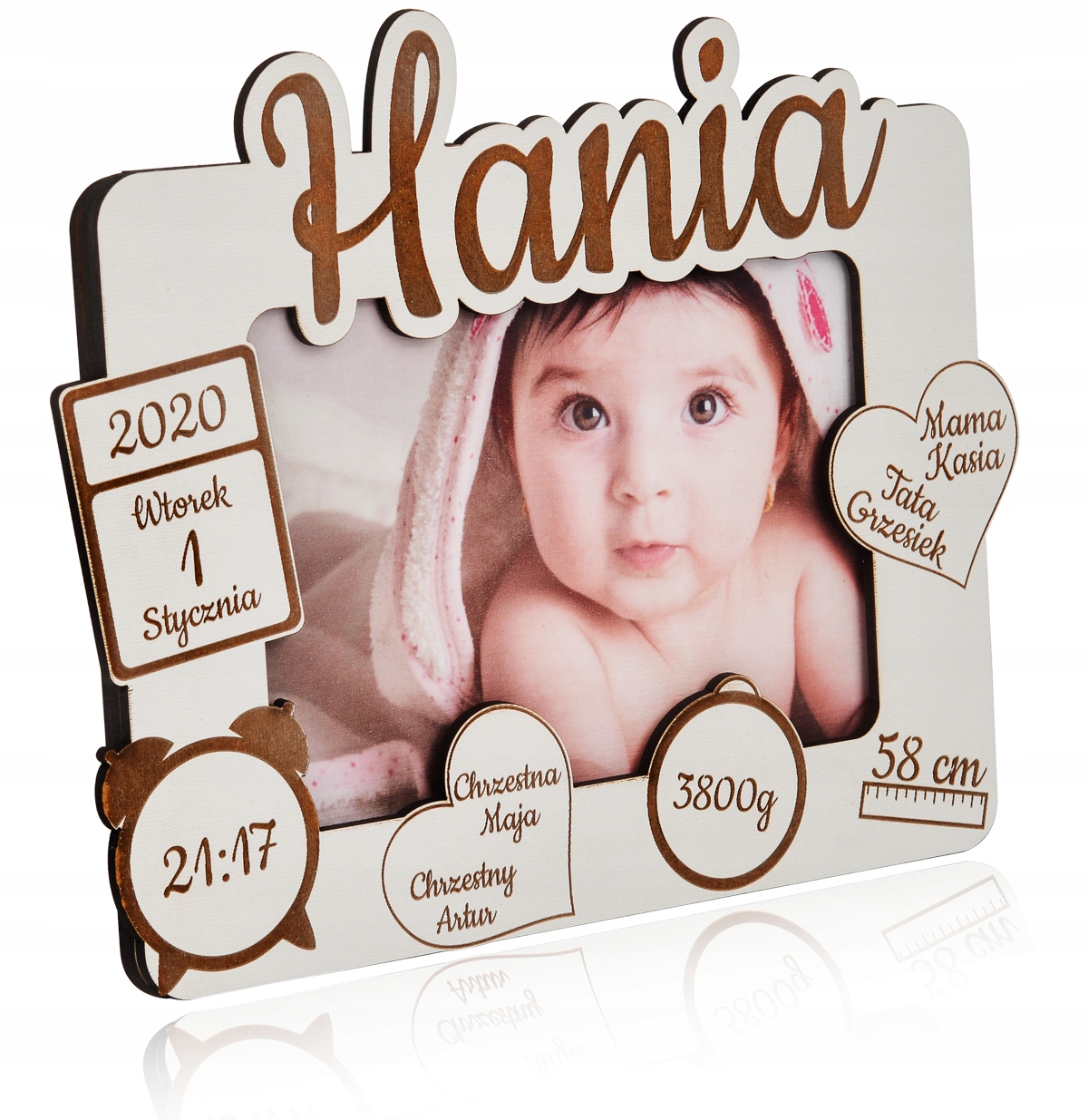 

Biała Ramka Metryczka Chrzest Narodziny Grawer