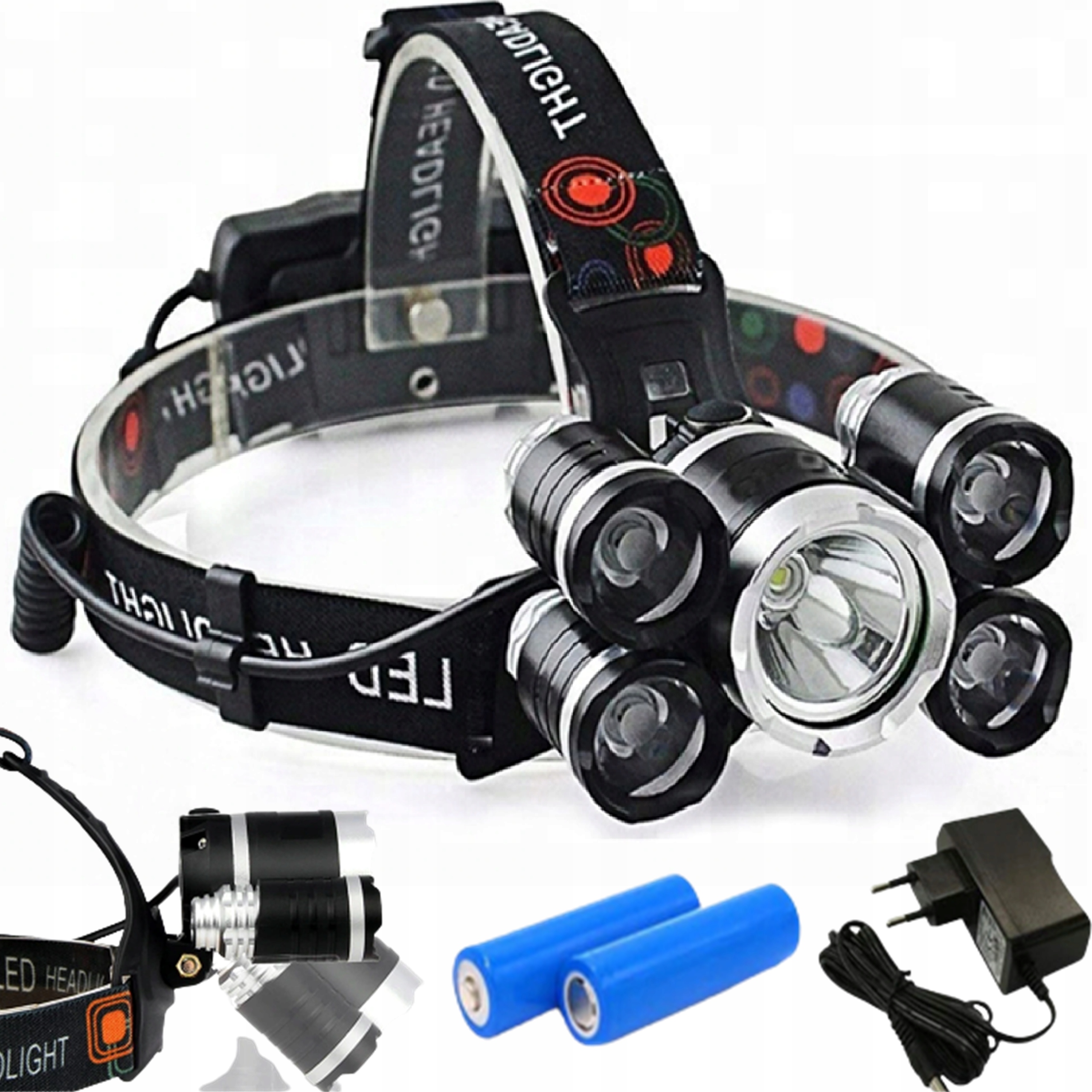 

Latarka Czołowa 5 x Led Mocna T6 Cree Czołówka Aku