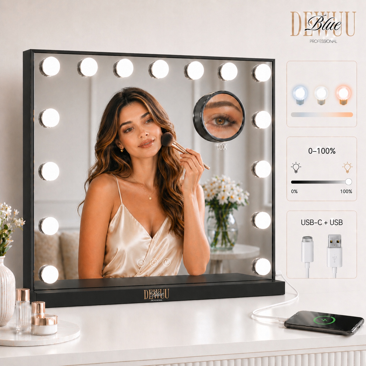 Lustro do makijażu kosmetyczne Hollywood Lustro 58x48 Led czarny