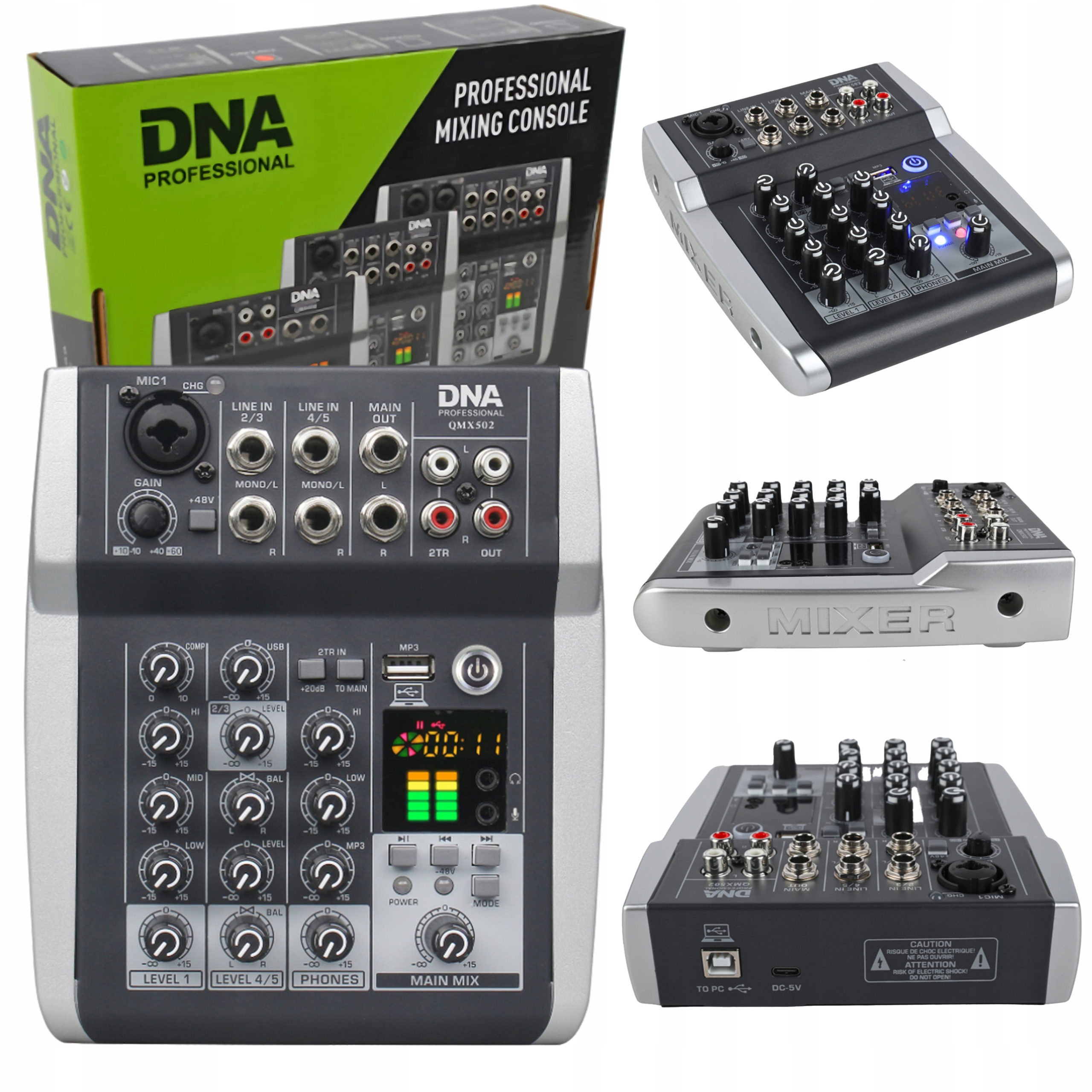 Dna QMX502 analogový mixážní pult 5 kanálů Bt Usb MP3 Phantom akumulátor