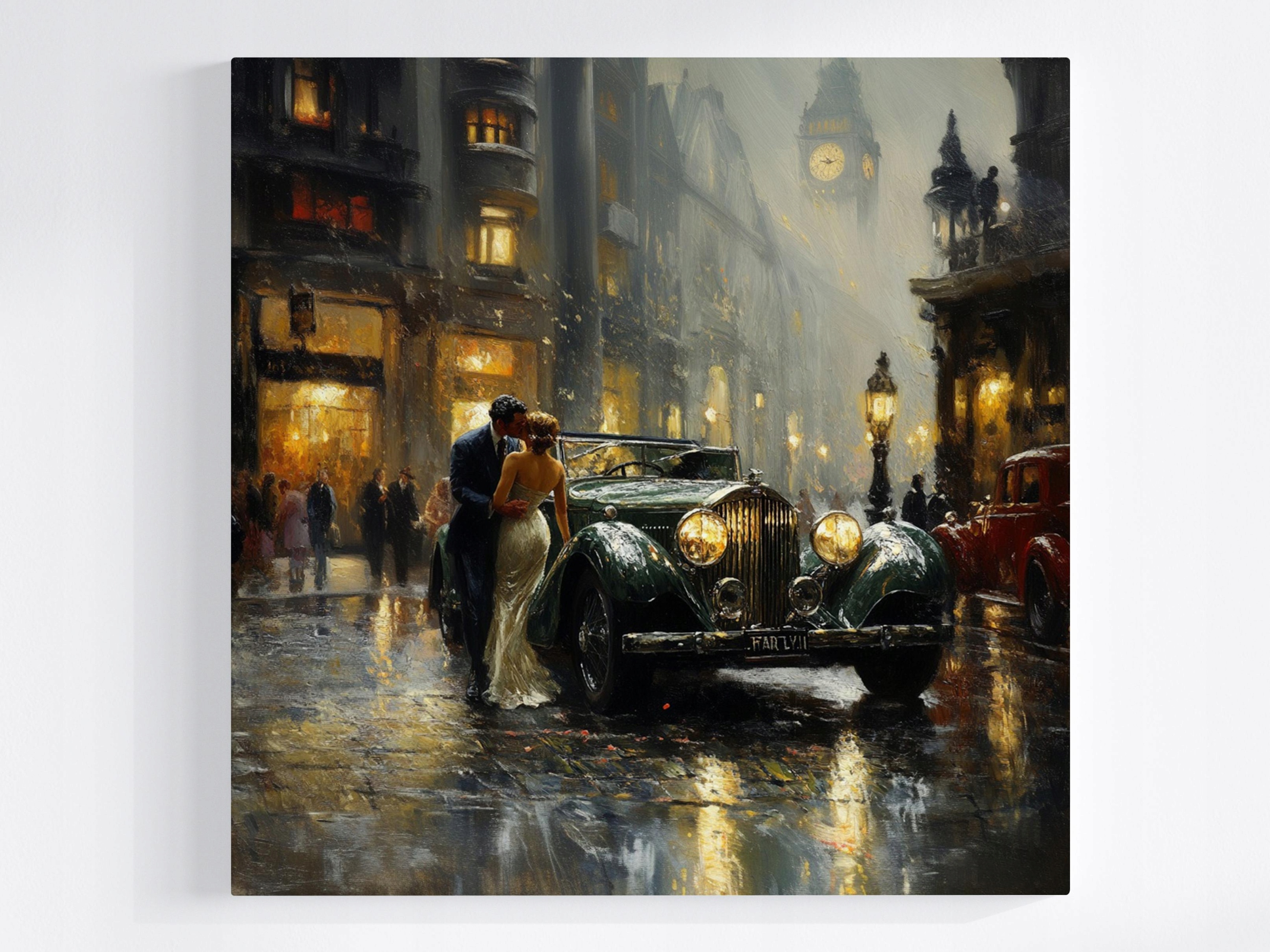 Obraz Na Plátně Canvas Město Večer Auto Pár Polibek Retro 80x80