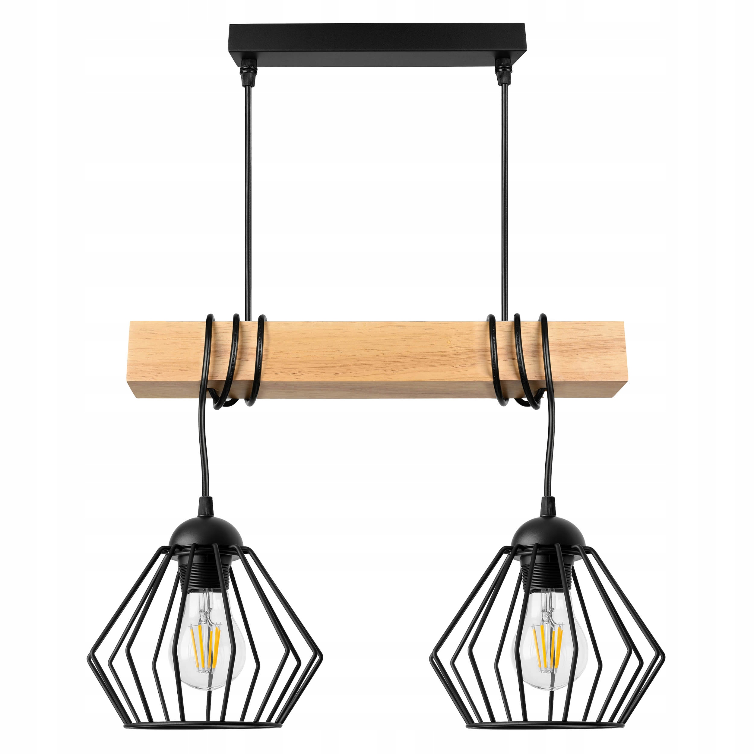 Lampa Wisząca Sufitowa Led Zwis Belka Drewniana Loft Druciana Czarna 2xE27