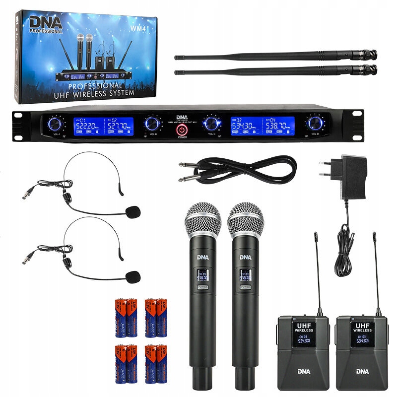 Zestaw Mikrofonów Bezprzewodowych 2 Doręczne 2 Nagłowne Bodypacki Odbiornik