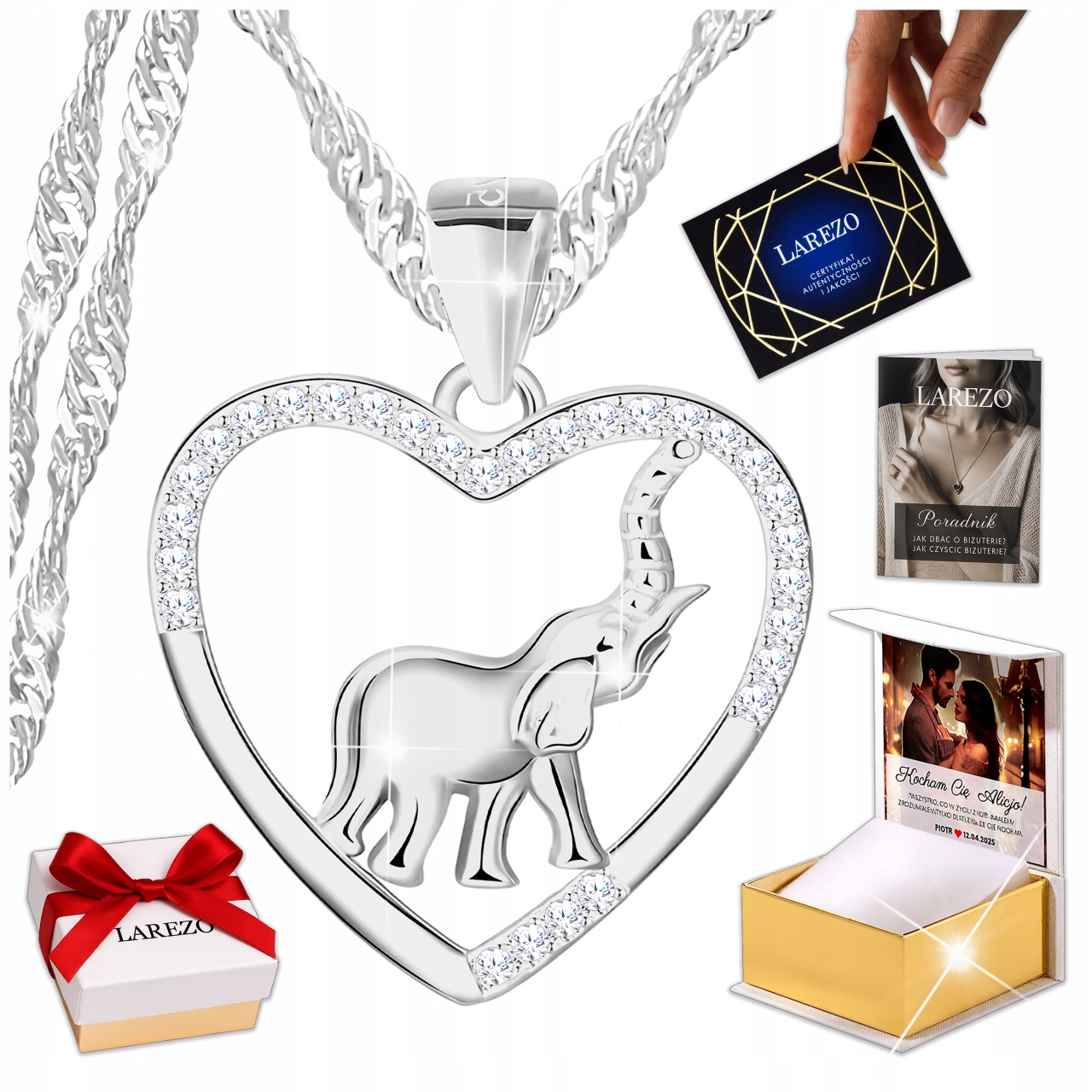 Stříbrný náhrdelník se slonem 925, slon se srdcem a zirkony velký Slon S potiskem