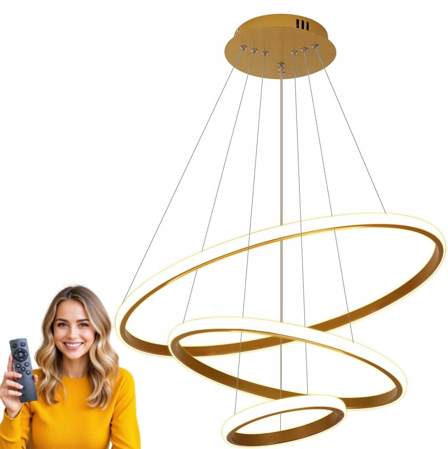 Stropné Svietidlo Zlatý Led Luster 3 Kruhy S Diaľkovým Ovládaním A Meniteľnou Farbou
