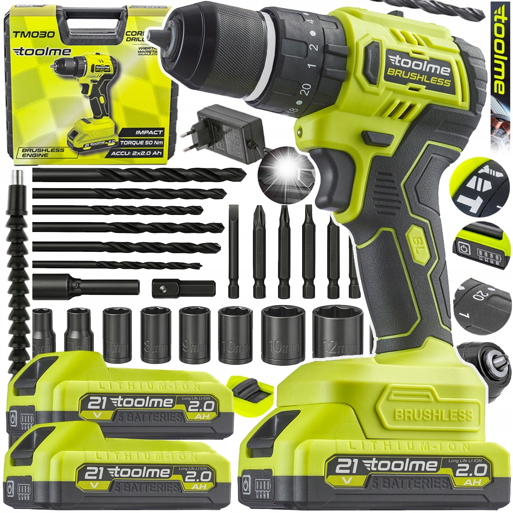 Aku vrtačka Bezkartáčová aku 2x21V Li-ion toolme TM030
