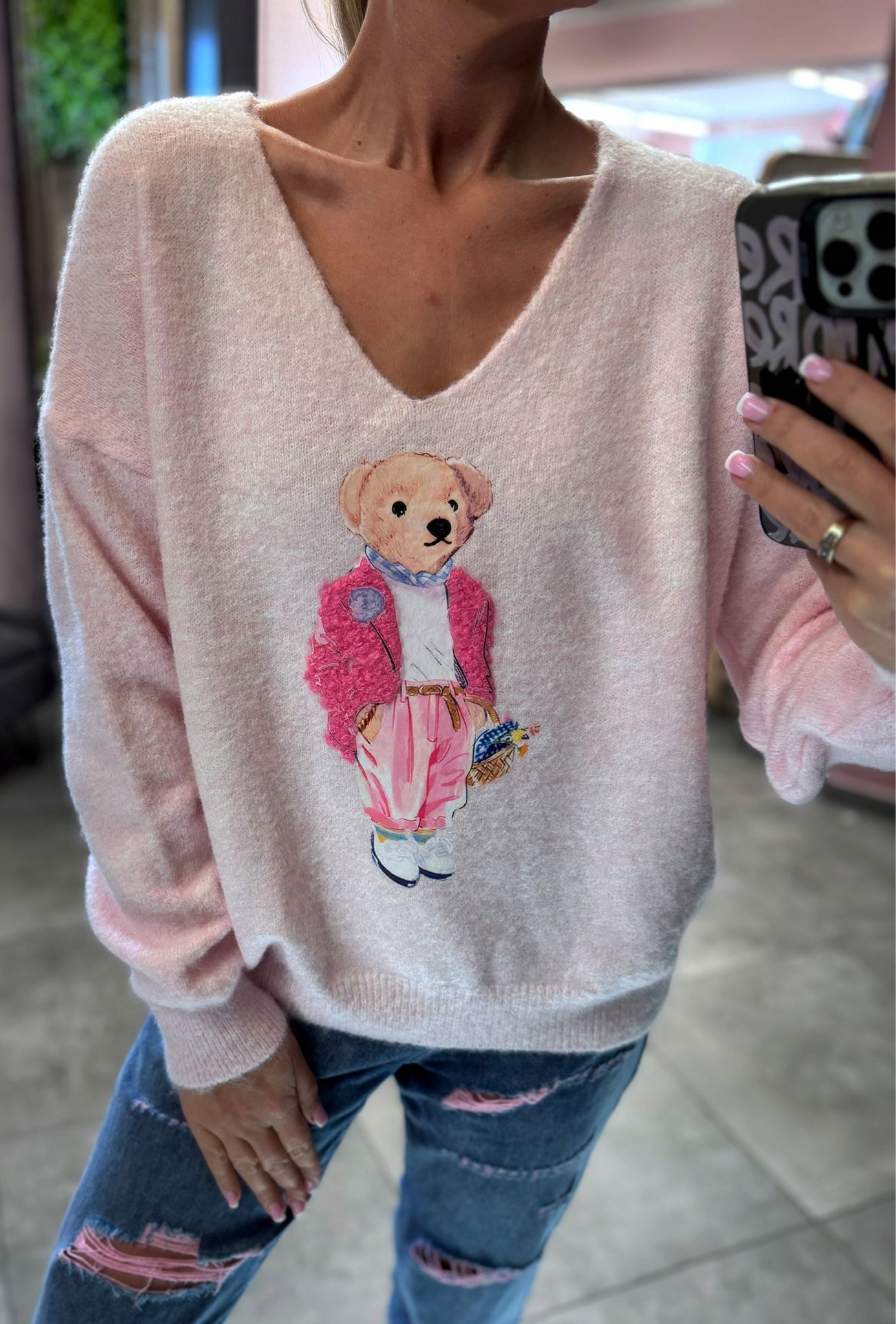 Dámský Svetr Azara S Medvídkem, Výstřih Do Stylu Preppy Růžový, Uni.
