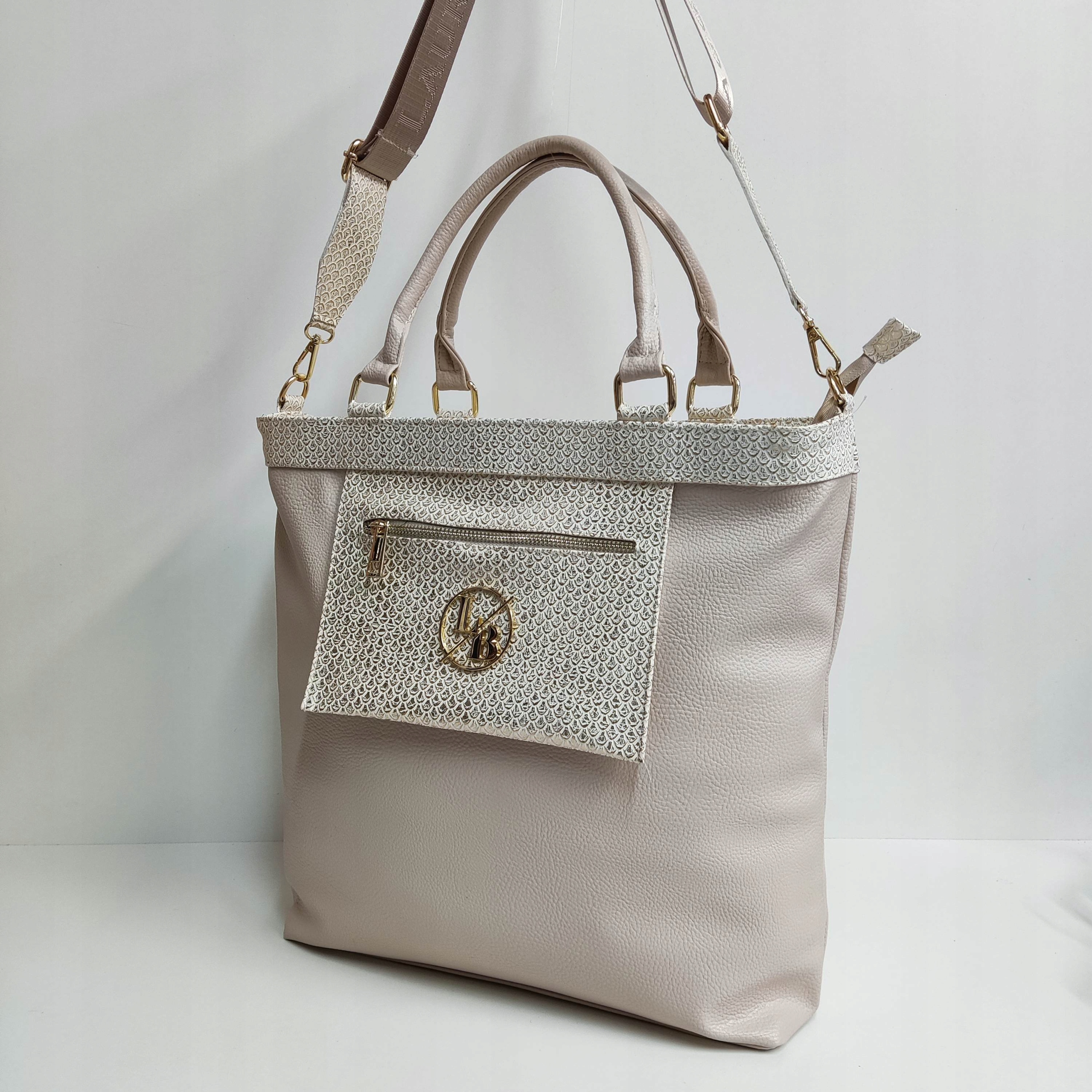 Torebka Shopper Laura Biaggi beżowa listonoszka Kolor okuć złoty