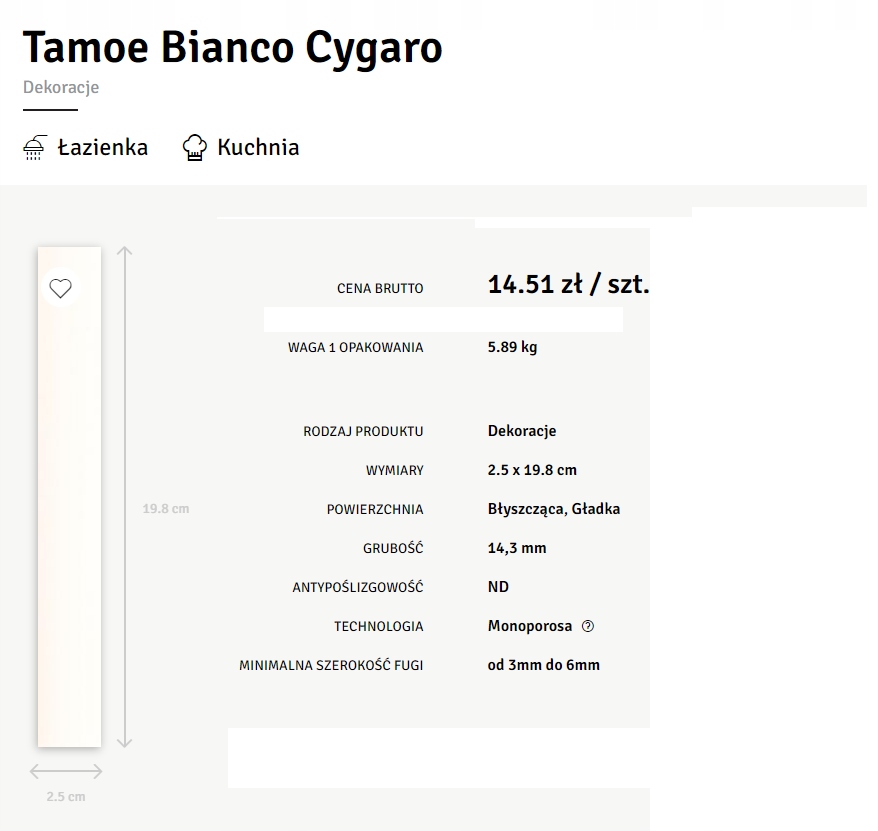 

Tamoe Bianco dekor wąski Cygaro 2,5*19,8cm