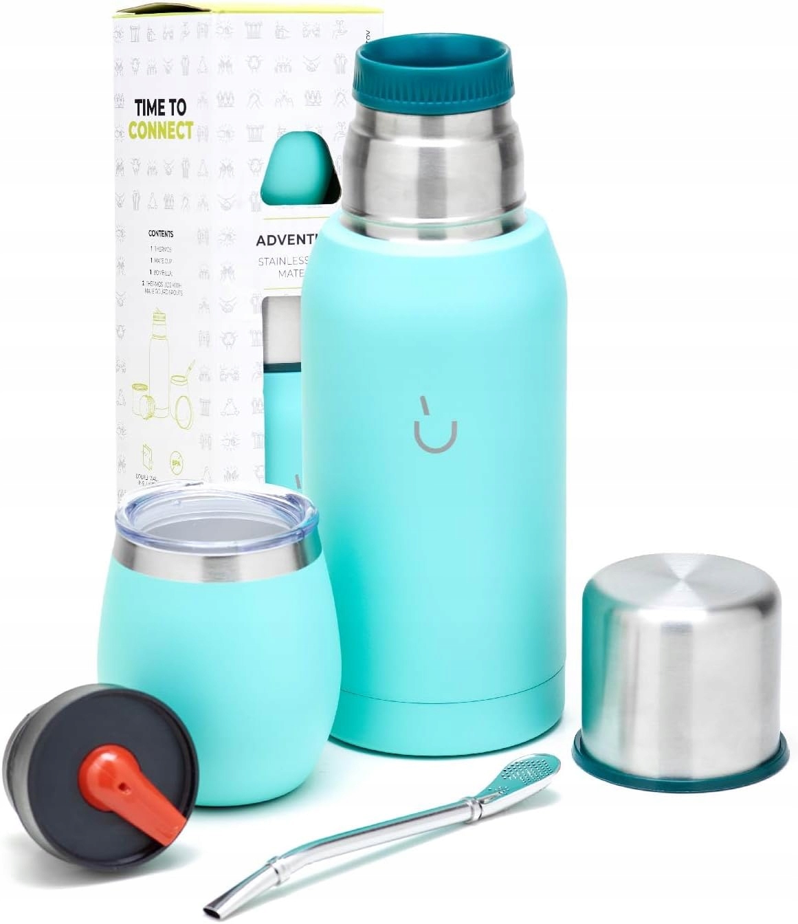 Cestovní Set Pro Yerba Mate Bombilla+ Termoska 750 ml Hrnek ocel modrý