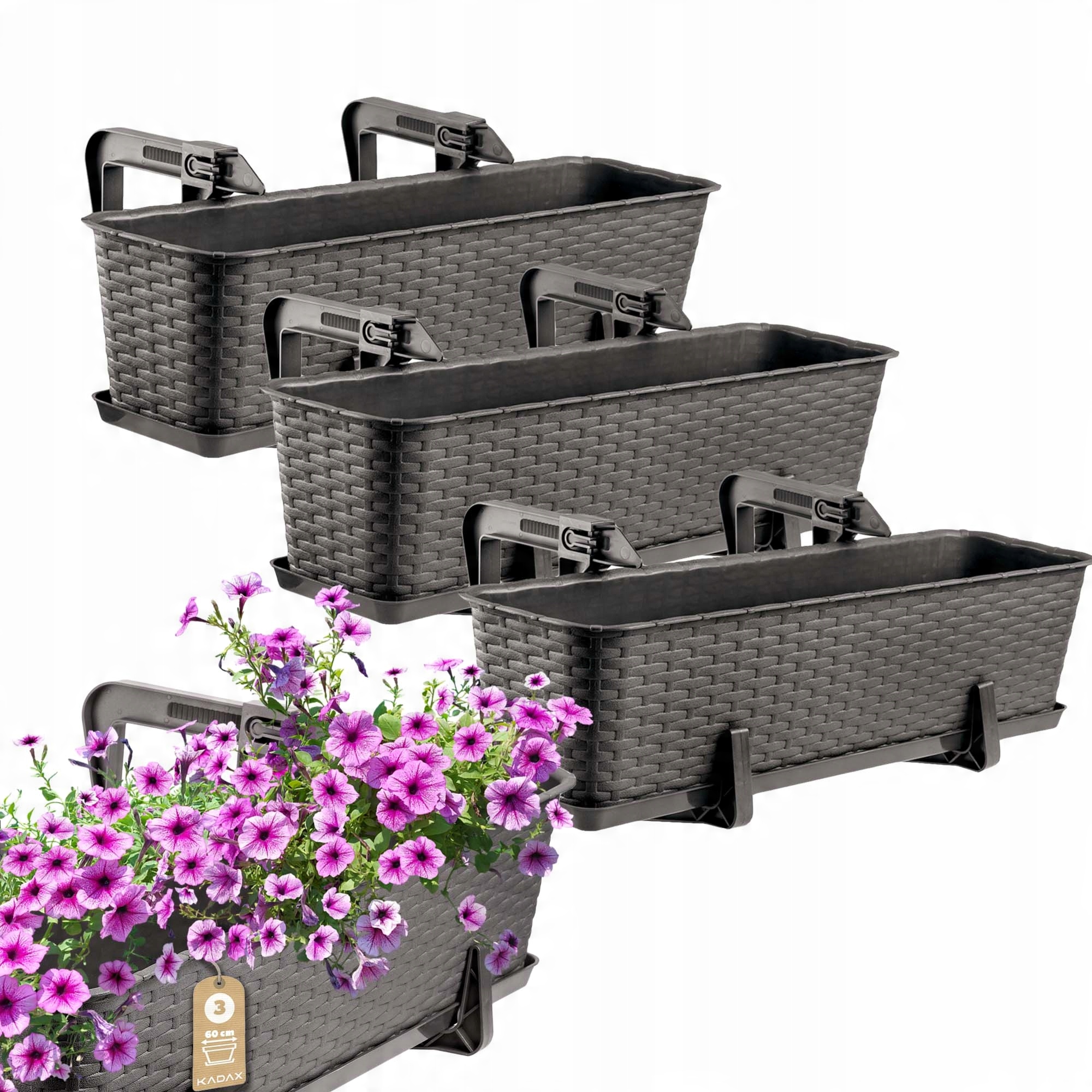 

Kadax 3x Skrzynka Balkonowa 60cm Uchwyty Brązowa