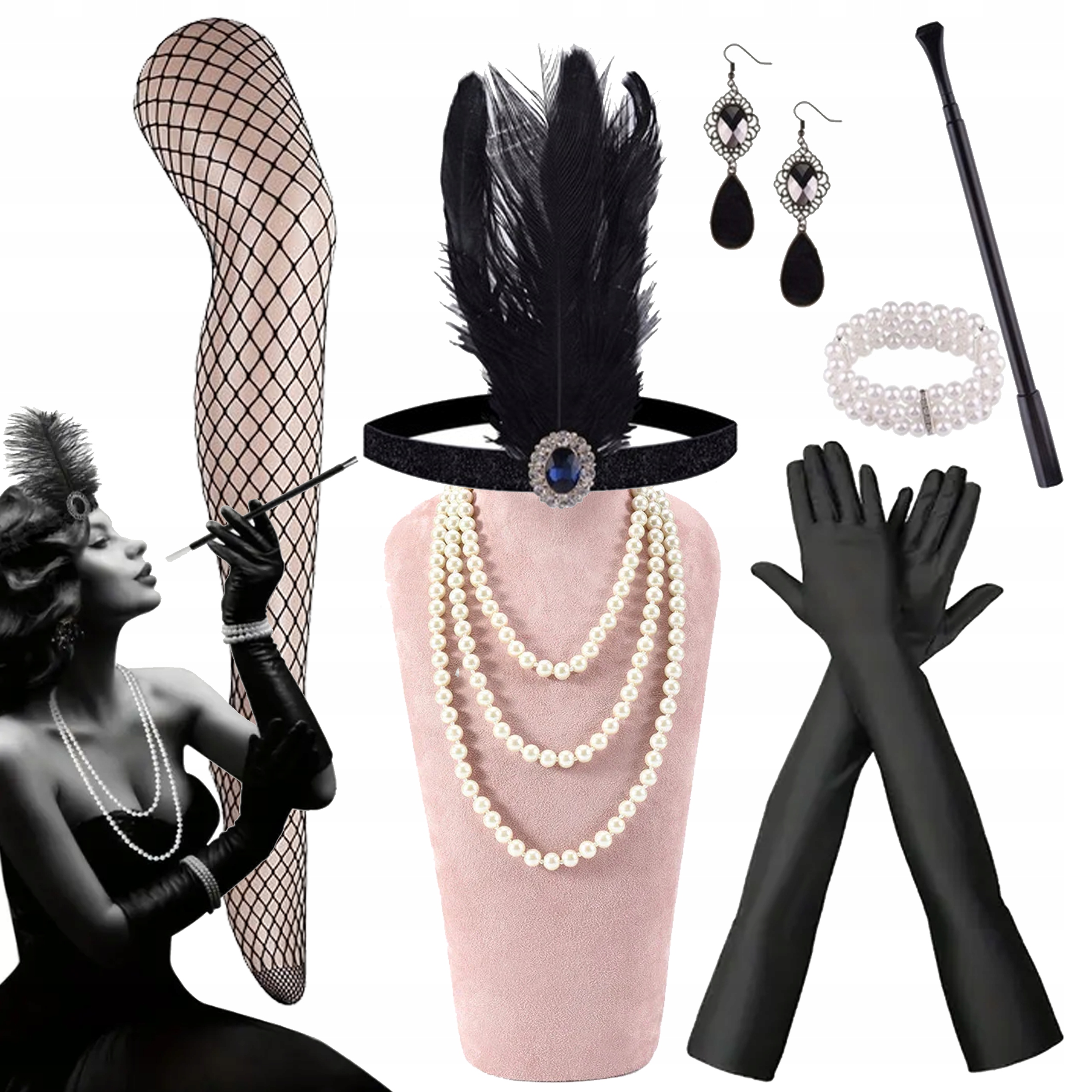 ZESTAW RETRO LATA 20 DAMSKI PRZEBRANIE KARNAWAŁ OPASKA KORALE RĘKAWICZKI