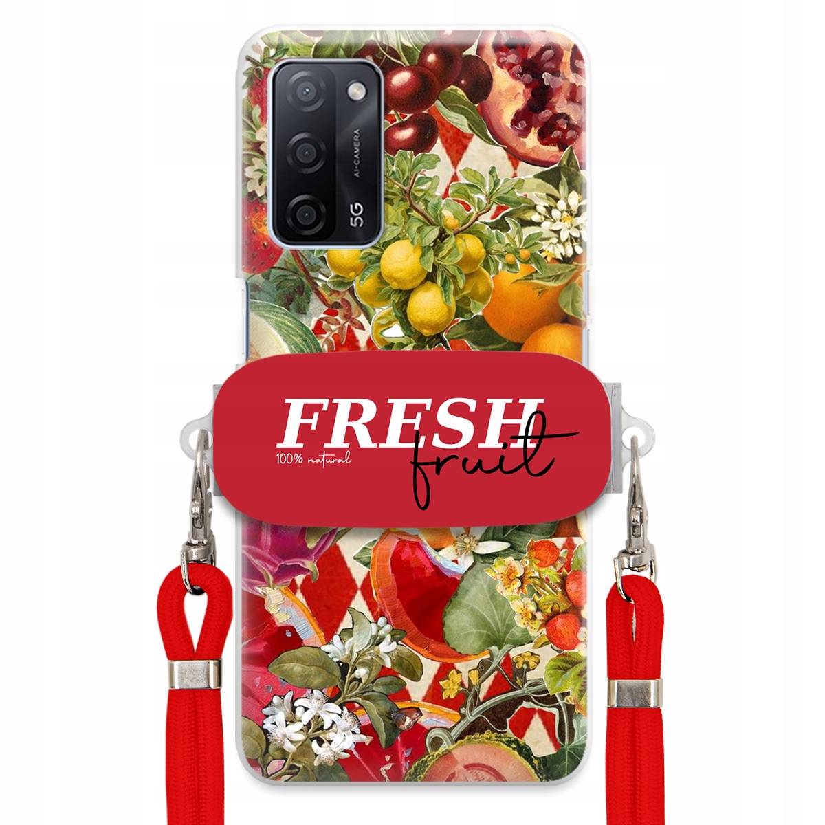 Puzdro pre Oppo A55 5G Červené Crossbody vodítko držiak Fresh Fruit Ovocné