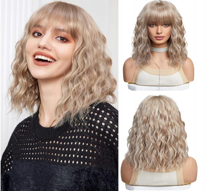 Uevies, vlnitá paruka s ofinou a blond melírem, syntetická, 40 cm