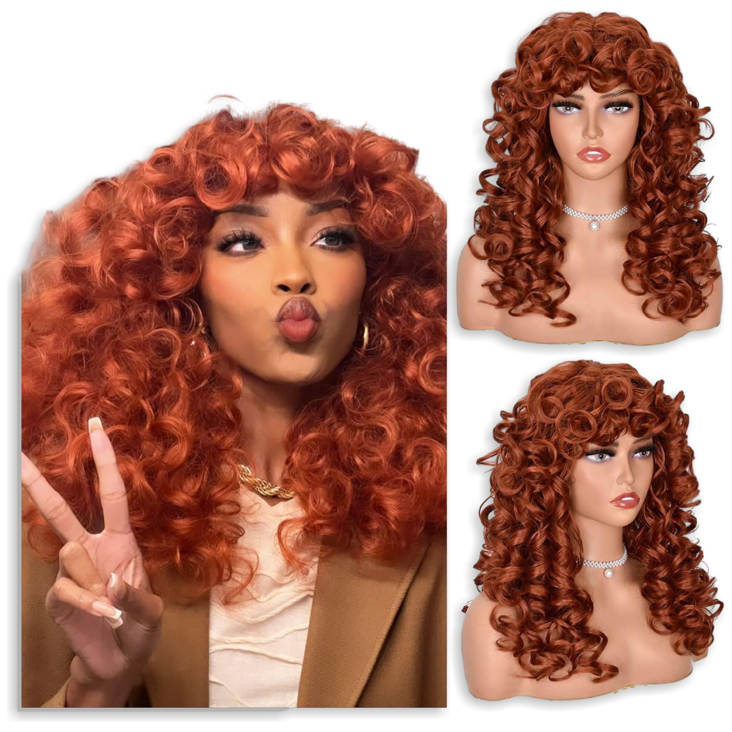 Isamy kudrnatá paruka s ofinou, velké pružné afro kadeře, měděná, 50 cm