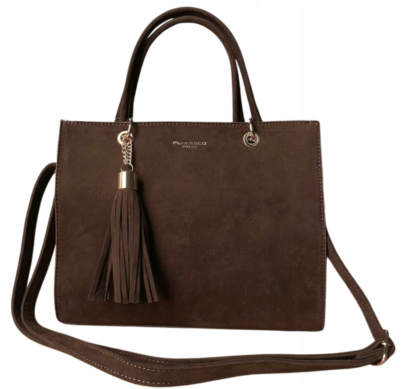 Flora&Co czekoladowa zamszowa torebka brązowa shopper frędzle czekolada