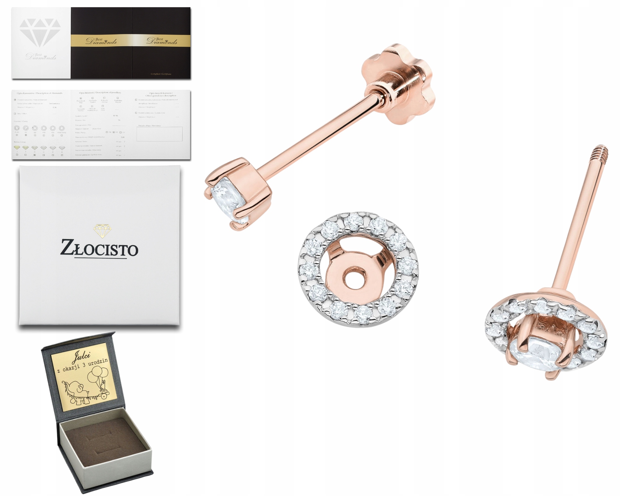 Růžové Zlato Náušnice S Diamanty, Laboratoriálním Šroubovacím Písničkem, Zlato 585, Dárek Gravírování