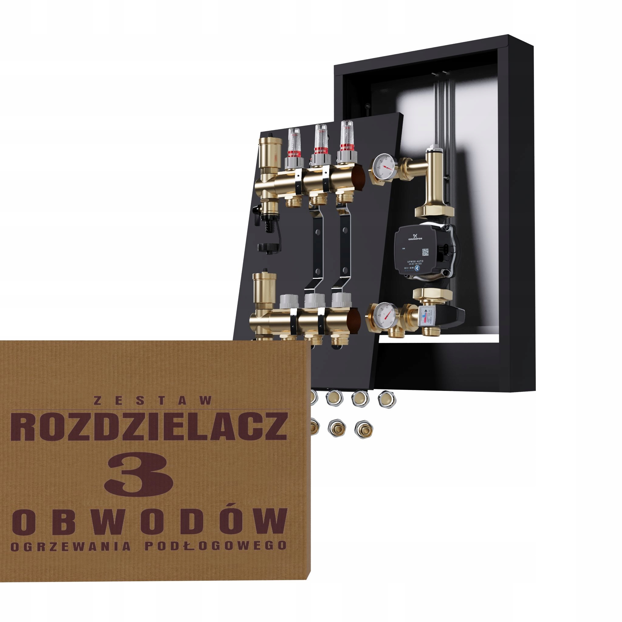 Rozdělovač pro podlahu 3 s spojkami, čerpadlo Grundfos nástěnná černá