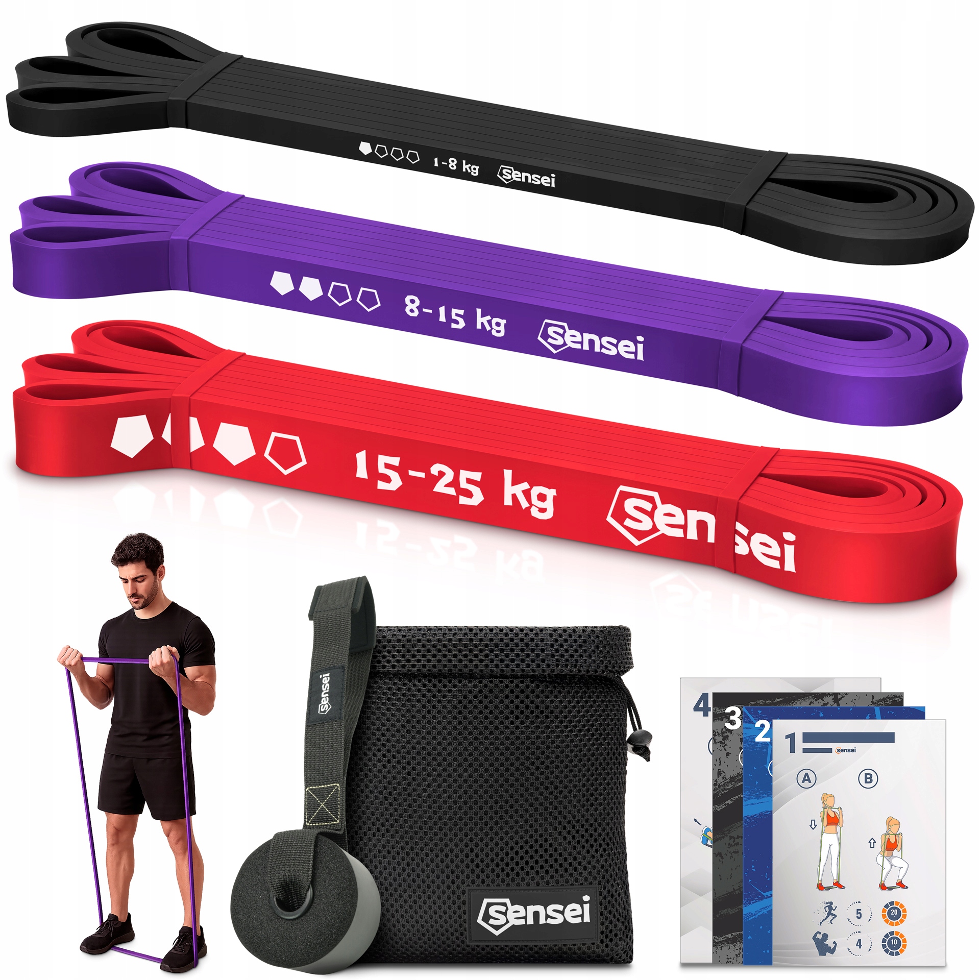 Zestaw 3 Gum Power Band Uchwyt, Taśmy do Ćwiczeń Oporowych, Podciągania