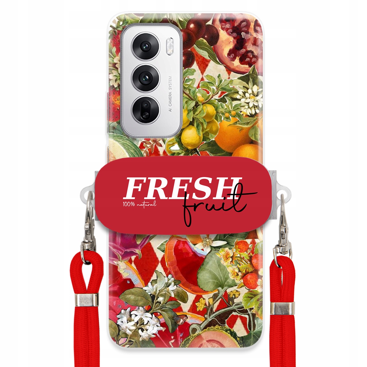 Puzdro pre Oppo Reno 12 5G Červené Crossbody vodítko držiak Fresh Fruit Ovocie