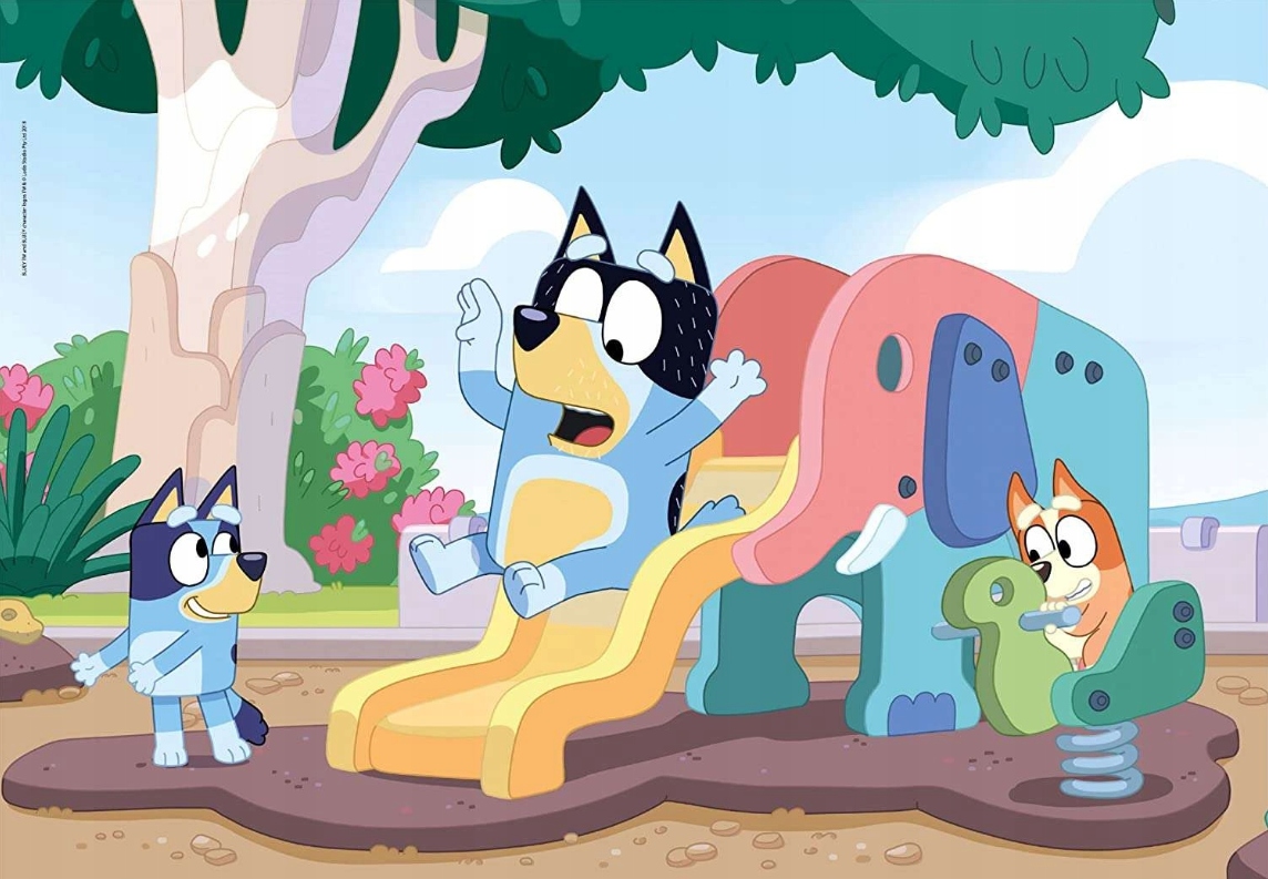 

Puzzle 104 Bluey Blue Niebiesk Pies Psy Plac Zabaw