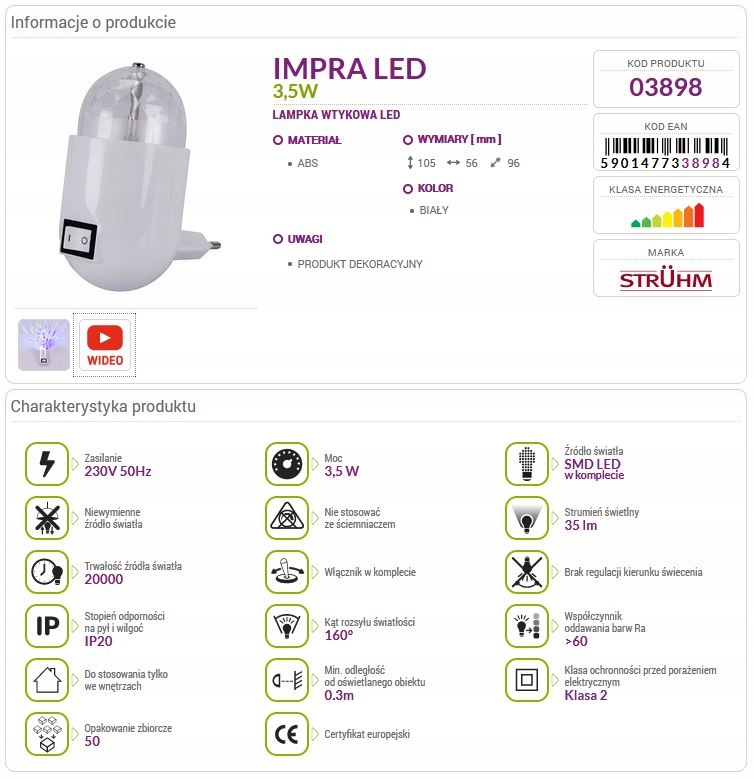 Lampka wtykowa dekoracyjna disco IMPRA LED 3,5W Kolor dominujący biały