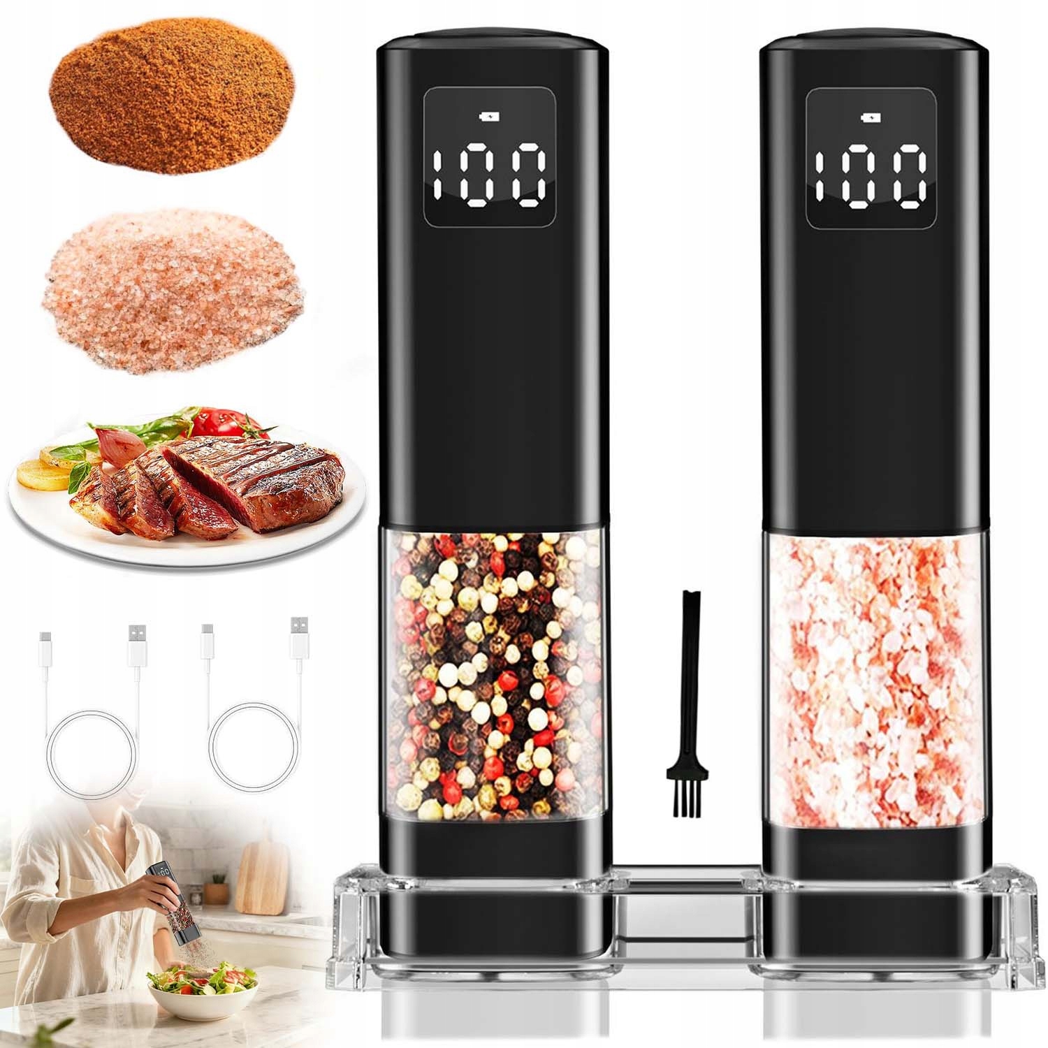 2X Elektrický Mlýnek Na Pepř A Sůl Automatický Usb Set Černý 100 ML