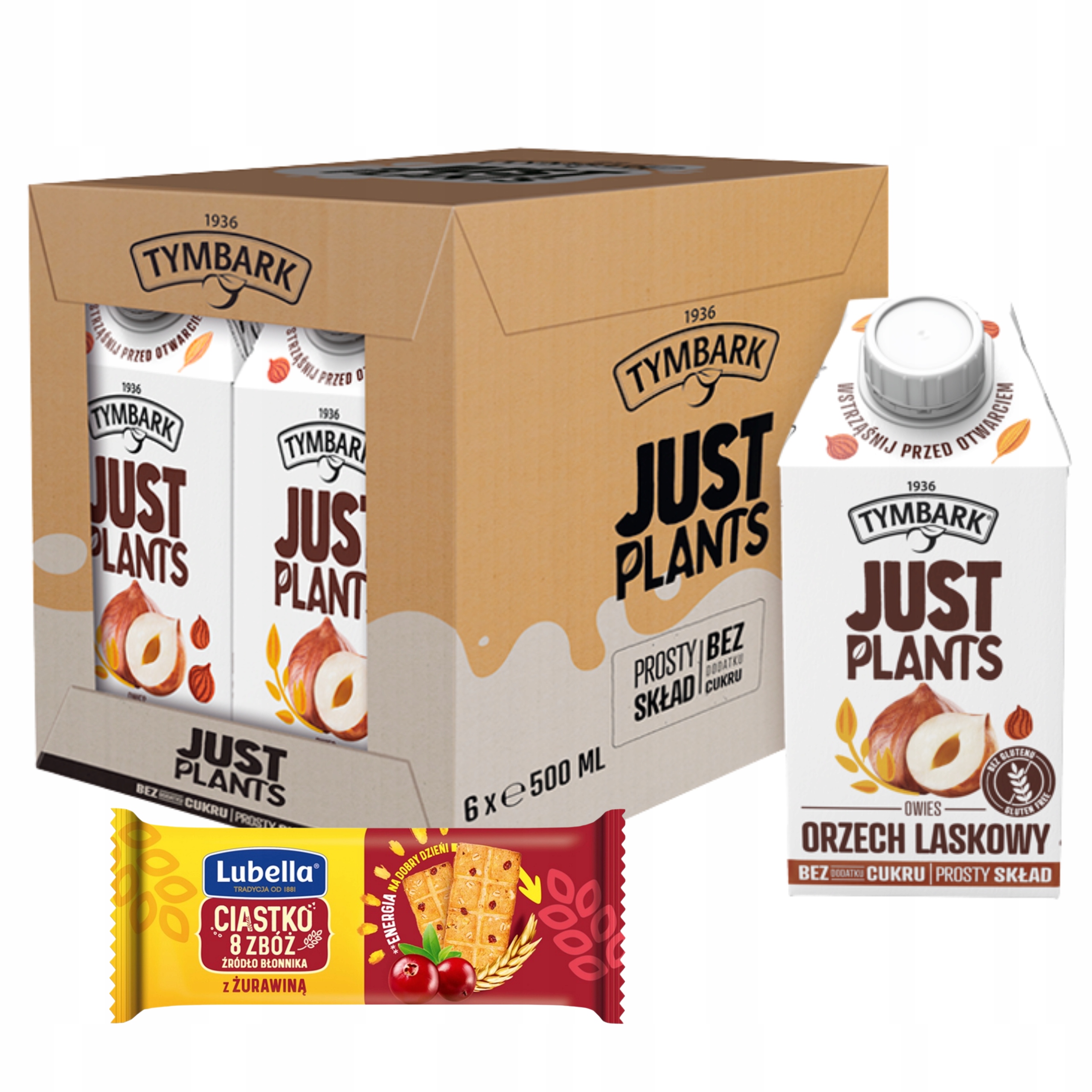TYMBARK JUST PLANTS ORZECH LASKOWY BEZ GLUTENU 6x 500ML + GRATIS CIASTKA