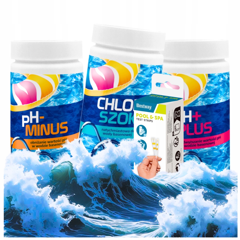 Zestaw Anty Mętna Woda Krystaliczna Chlor Szok Ph Plus Ph Minus Paski