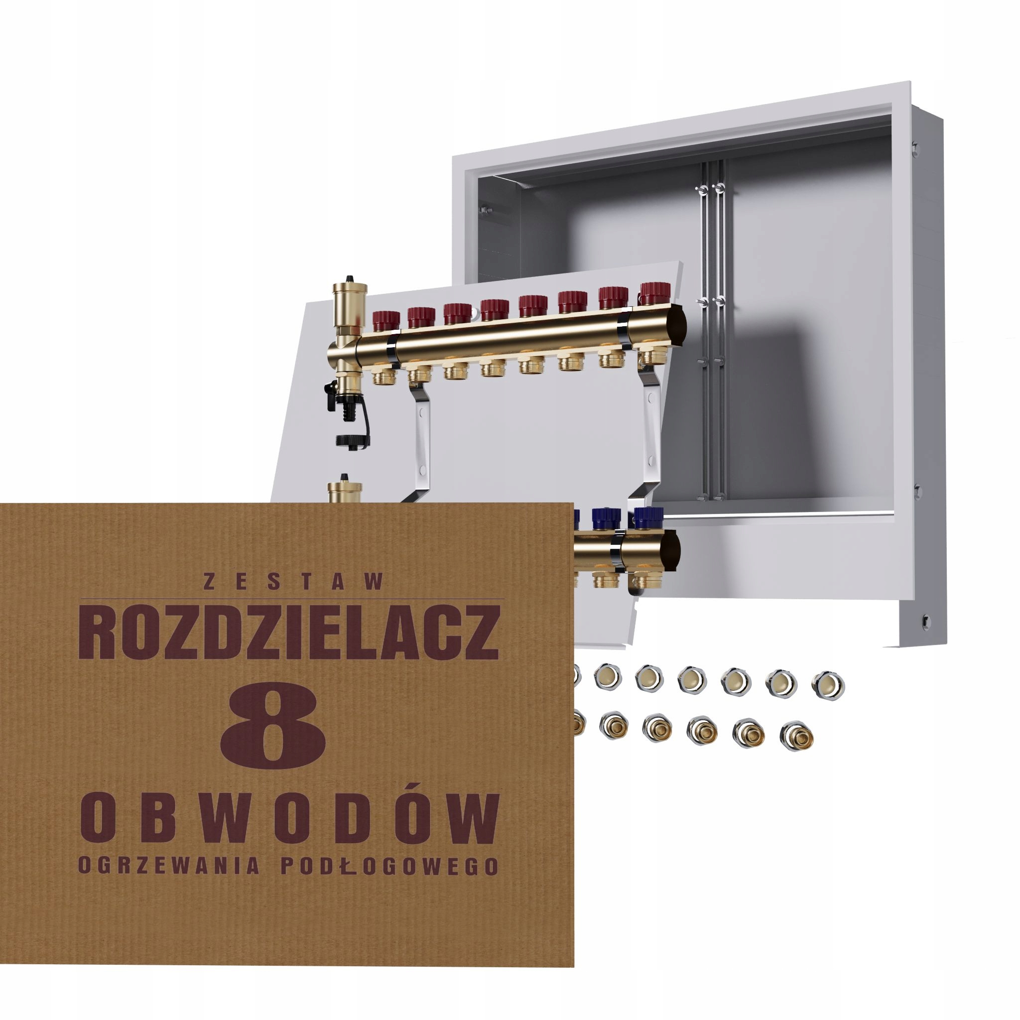 Manuální rozdělovač 8 okruhů pro radiátory podomítková skříňka Pex