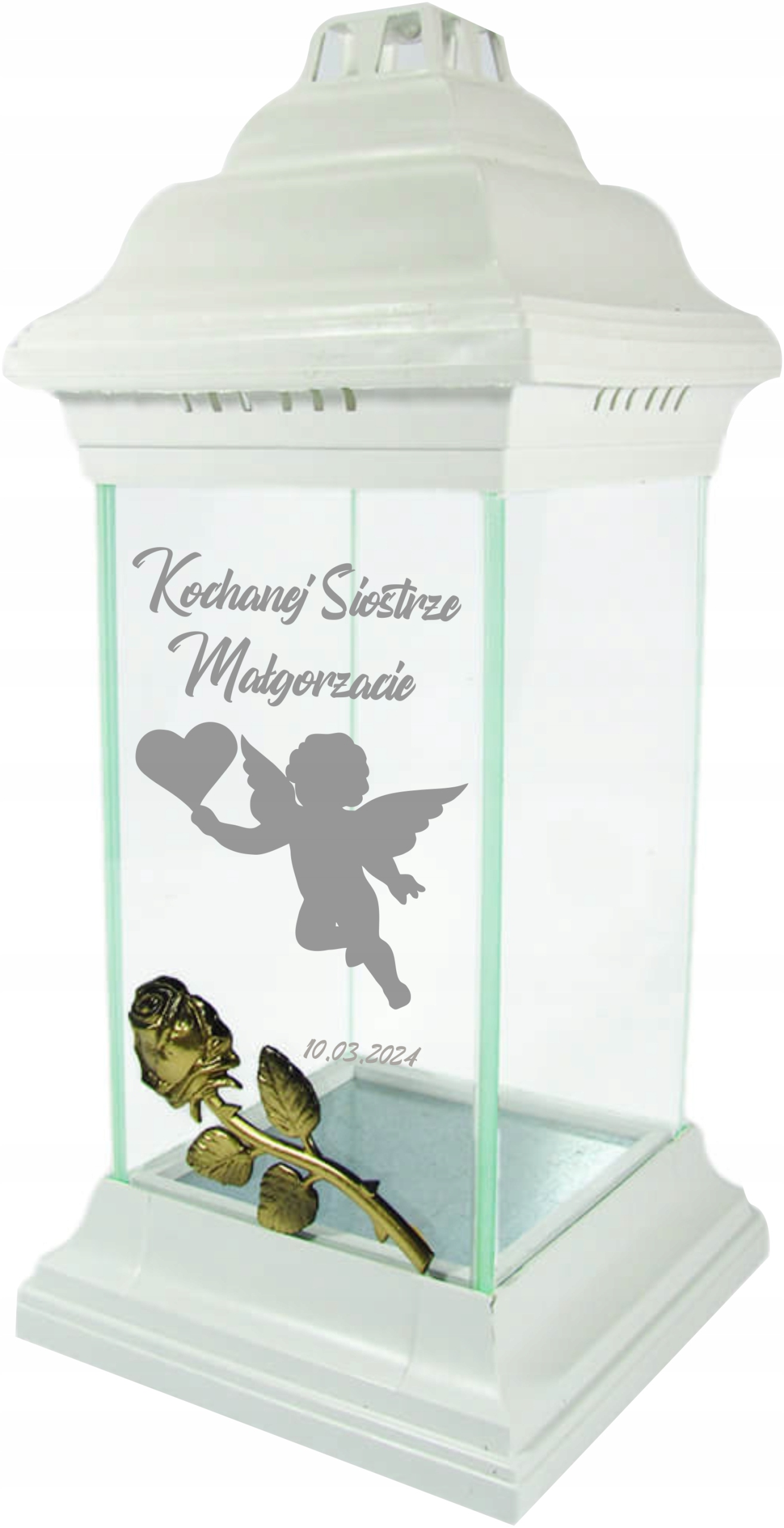 Hřbitovní Svíčka kaplička s růží Milované sestře Věnování