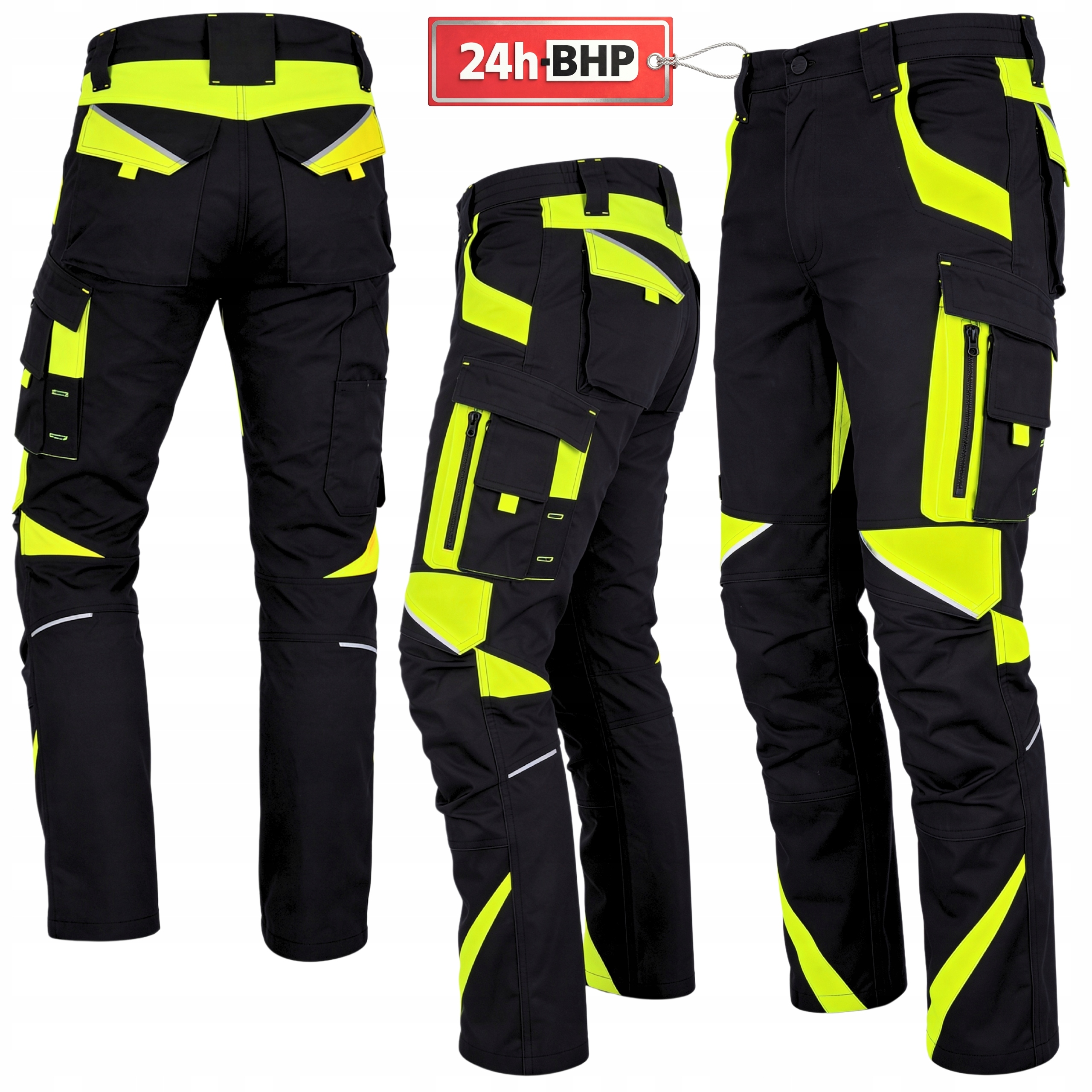 SPODNIE ROBOCZE OCHRONNE BHP Męskie ELASTYCZNE Stretch ODBLASKOWE Żółte