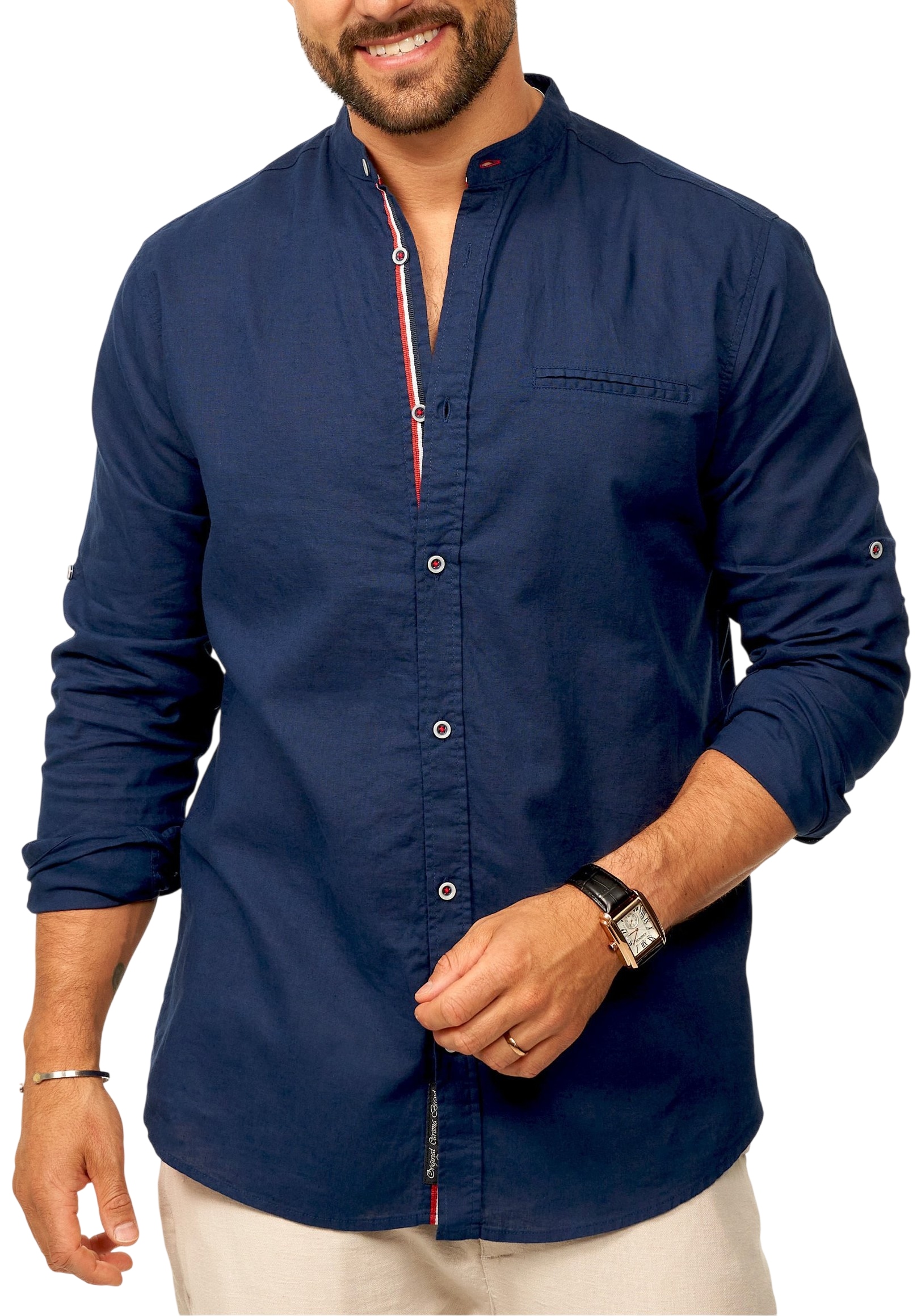 Pánská lněná košile modrá se stojáčkem Slim Fit Bavlněná Casual S