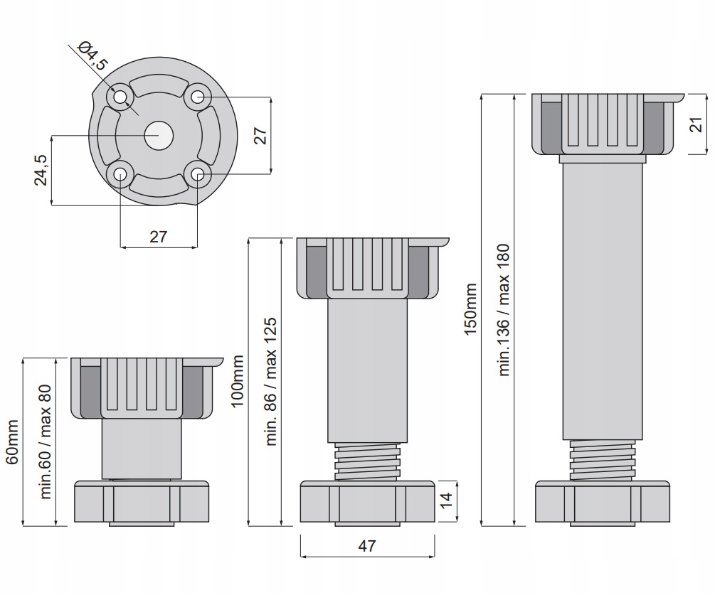 4x Nóżka kuchenna meblowa regulowana ATM H-60 mm Model dn-034