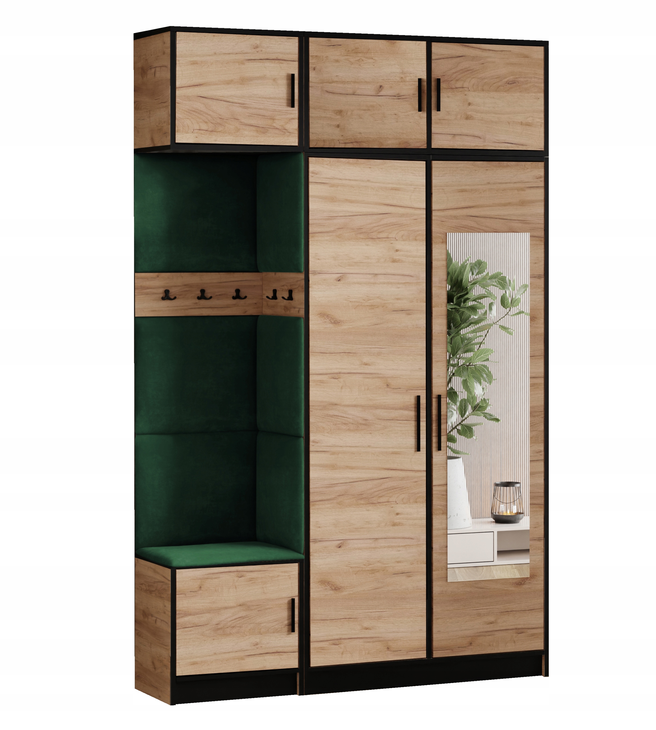 Šatní skříň Dior 13 dub craft zlatý zelená tkanina zrcadlo s nástavcem